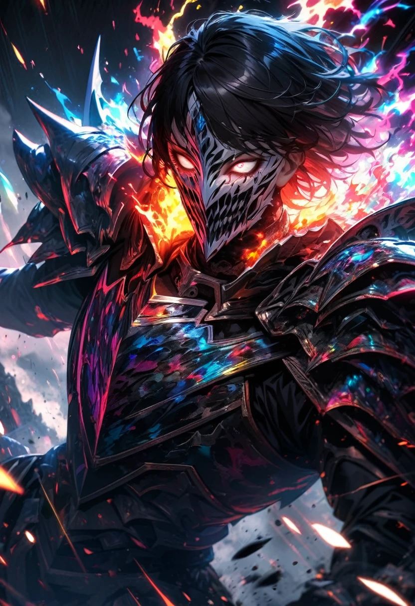 absurdres, highres, ultra detailed, HDR, masterpiece, extremely detailed face and eyes, horror armor knight, Epic horror mask,,colorful Black hair , , solo, ,man, handsome, , , Epic fight scene, colorful flames splashing effect,colorful lightning  effect,glowing glitters 