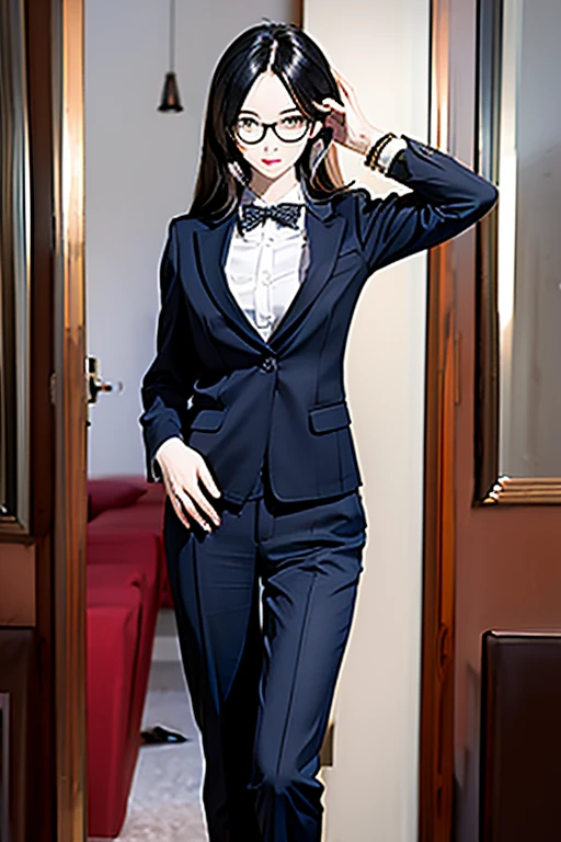 highest quality、masterpiece、High sensitivity、High resolution、One Woman、Slim Body、Glasses、In a suit、