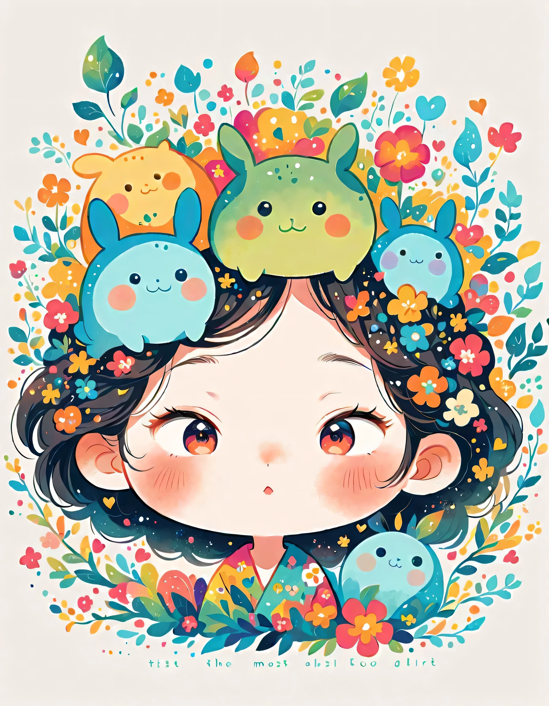 Fujichoco style、The most beautiful girl of all time、Lips in Love、Colorful flowers、Simple line initials、Abstract art、(((chibi))), Colorful and cute alien, Totoro Forest