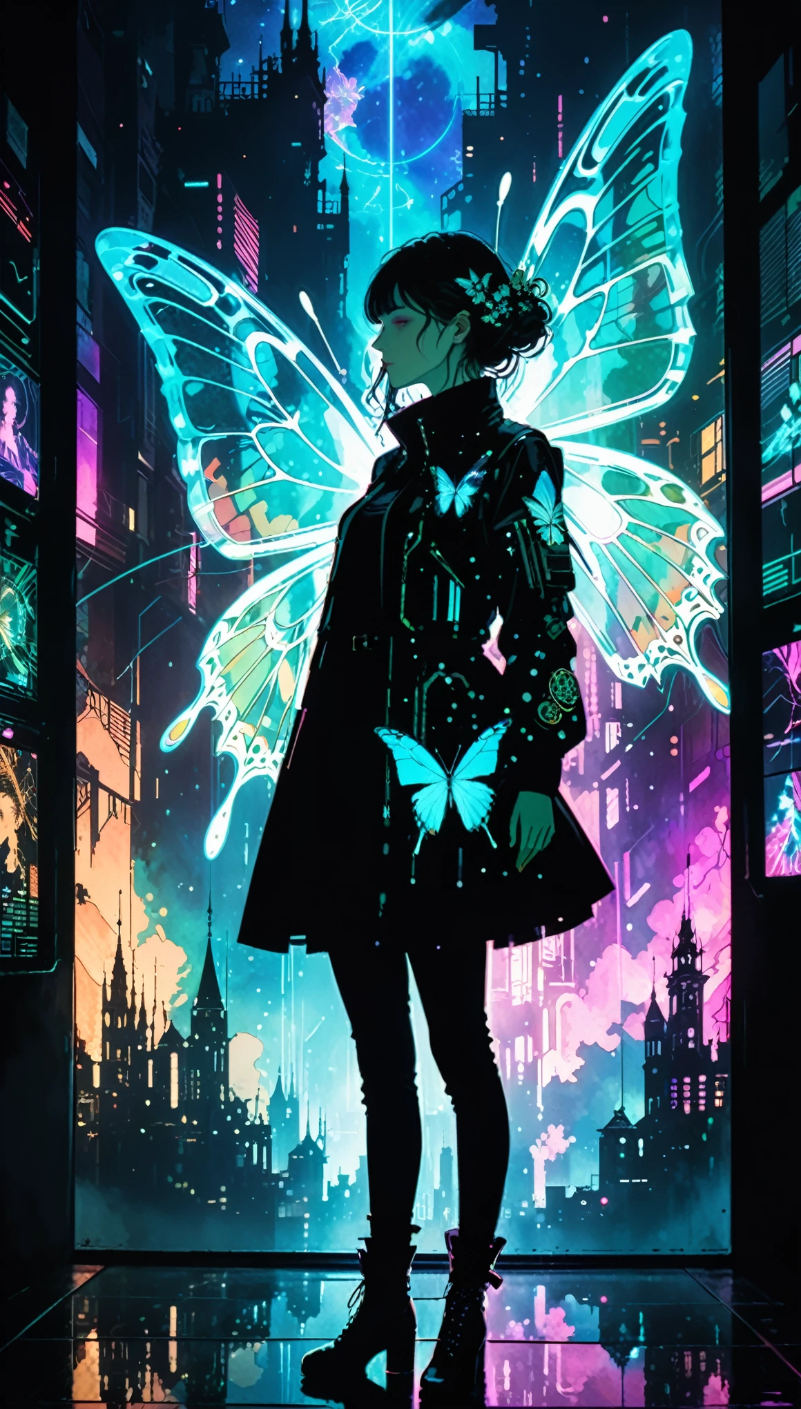 in style of Harry Clarke,(in style of Ashley Wood:1.4),
(double exposure:1.4),1 huge silhouette of a girl and eerie projection of a battle city,thrilling footage exposed,cyberpunk vaporwave,holographic projection,(posing,Dynamic Action:1.8),Fractal Art,lighting butterfly