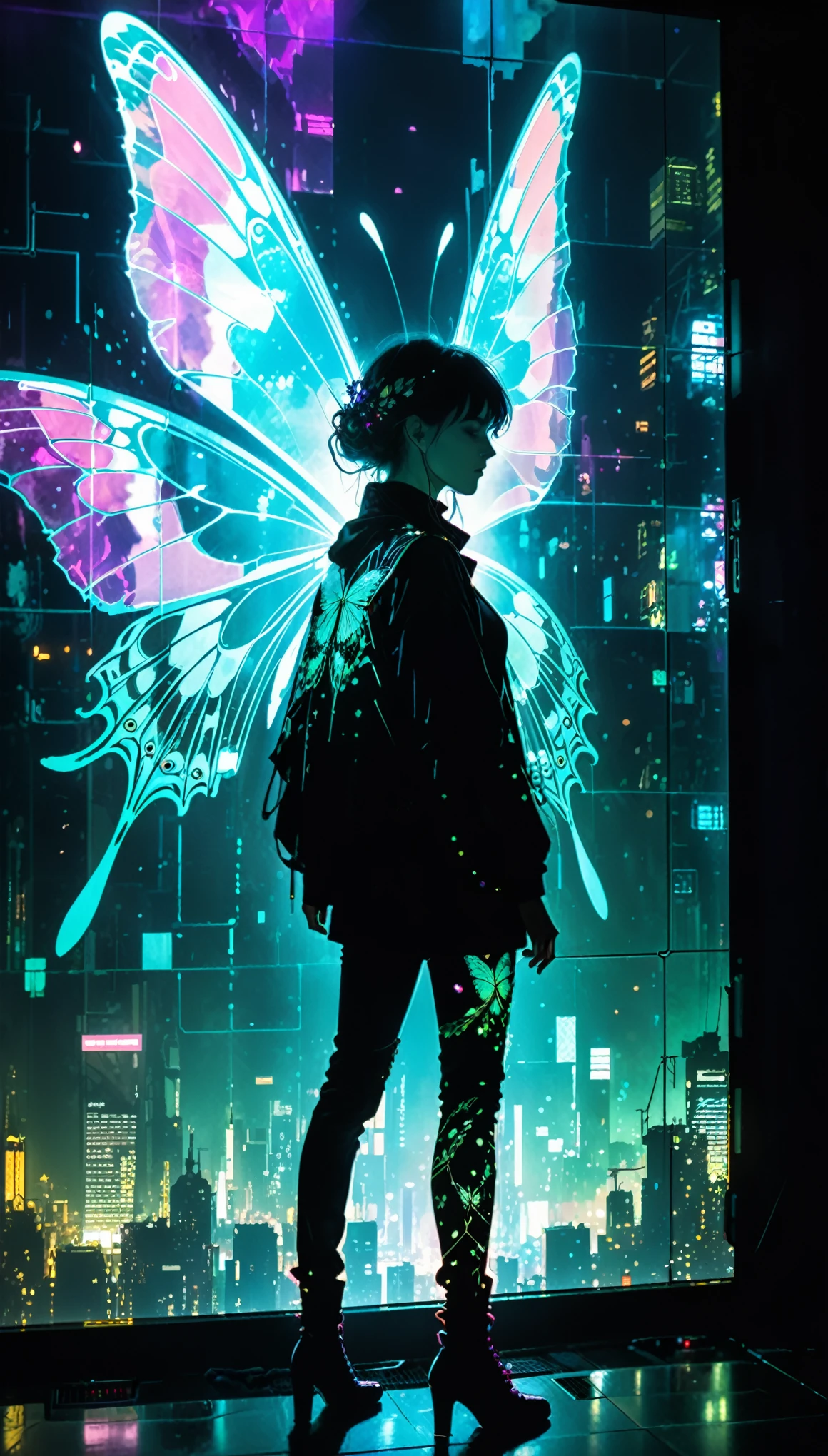 in style of Harry Clarke,(in style of Ashley Wood:1.4),
(double exposure:1.4),1 huge silhouette of a girl and eerie projection of a battle city,thrilling footage exposed,cyberpunk vaporwave,holographic projection,(posing,Dynamic Action:1.8),Fractal Art,lighting butterfly