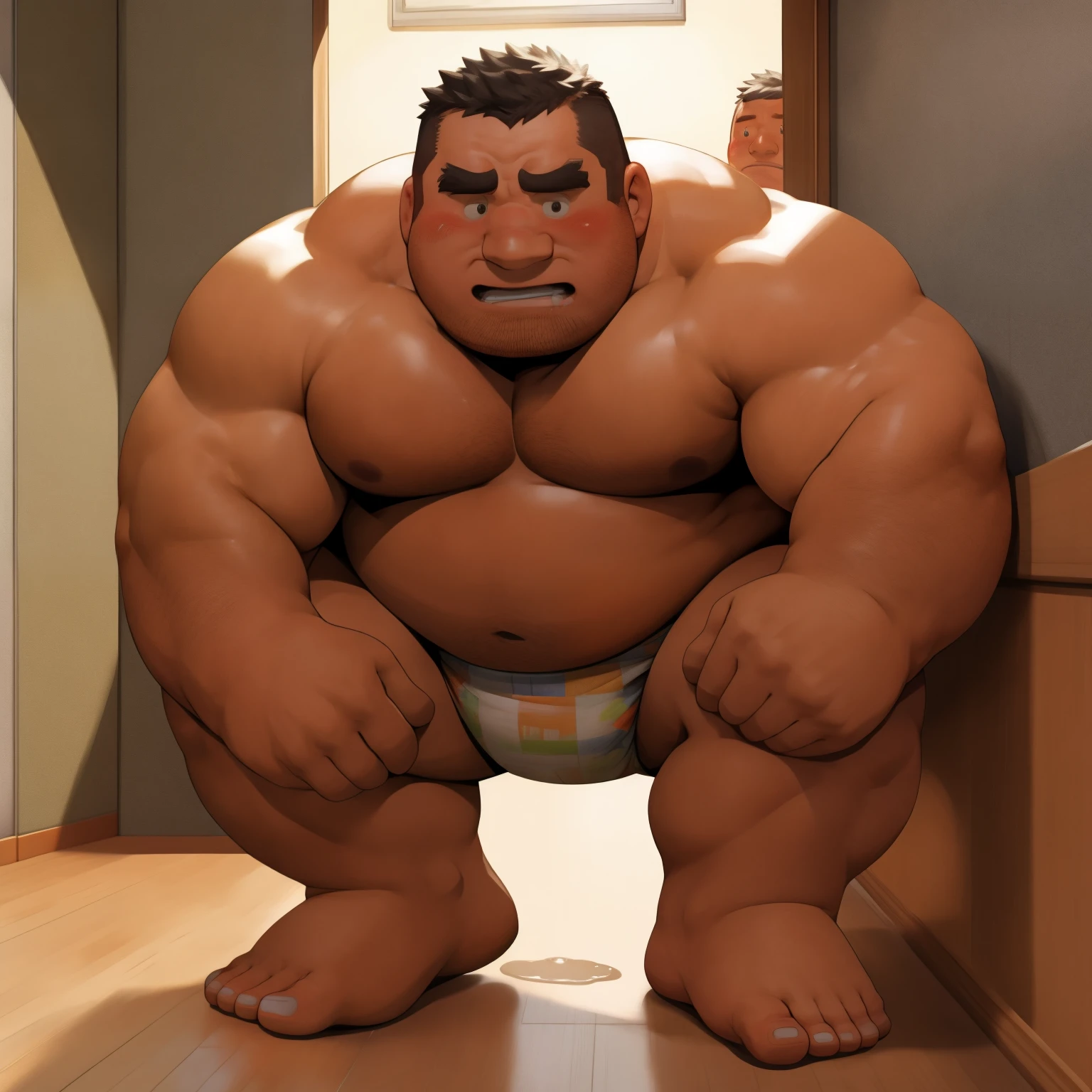 masterpiece, Top quality, in 32K, perfect anatomy, hyper detailed, super fine illustration, The thick man is a brutal prisoner, retarded, hairy, human, 50yo in japan, (fatness: 1.0), Fatty muscle, Bowleg, disappointment, incontinent, be diaper check by children, There is a small puddle under him, Naked, short legs, Bowleg, spread legs, wear a White cloth Diaper, Bare belly, Bare legs, Bare foots, Bare soles, Shirtless, wide forehead and short thinning hair, Man with round face with stubble, Bare foots, Bare soles, shy, sissy, Weaker than children, Drool, Round face, He enters nursery school and is despised by children, He is made to stand attention in the corner of the playroom, corner time, He surrounded by children, Bare foots, big butt, White Diaper, sobbing, There is a small puddle under him