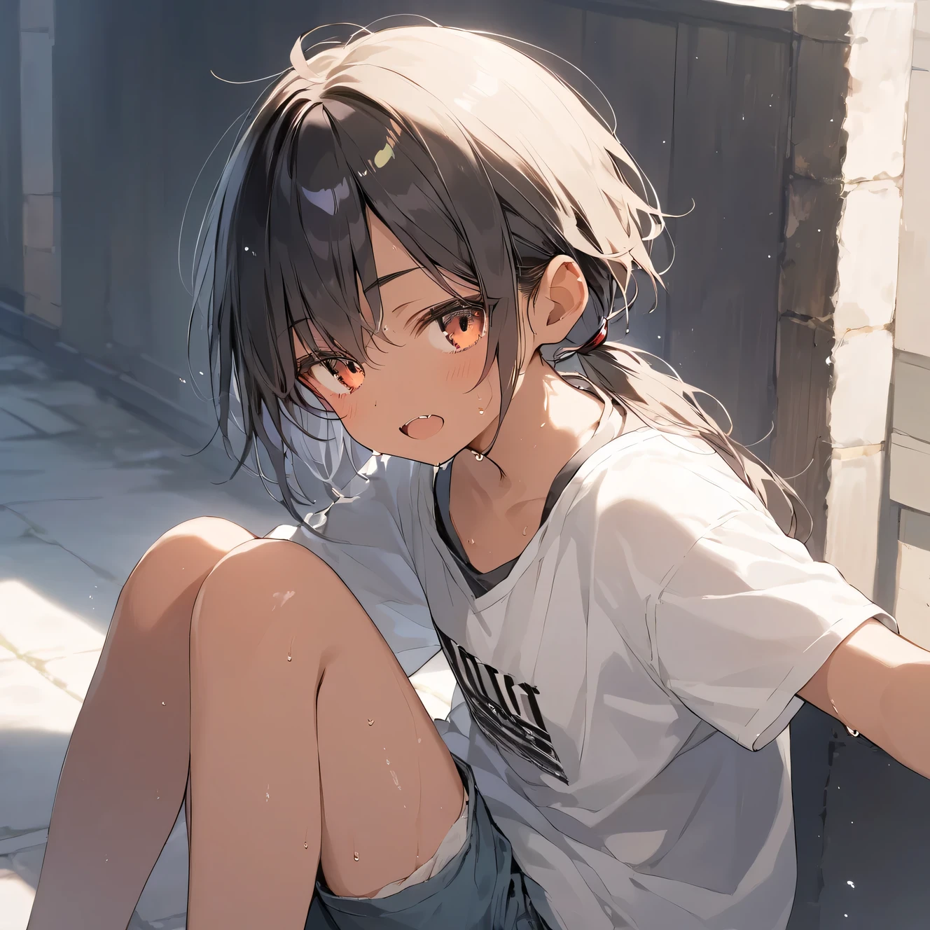 score_9, score_8_up, score_7_up, source_anime, best quality, masterpiece,official art, absurdres, highres, waifu2x,break,1girl, tomboy, dark-skinned female, short hair, low ponytail, flat chest,  beautiful detailed eyes, short shorts, sweat, open mouth, (tongue:0.3),  sleepily, outdoors, break,(clear line illustration:1.2),very high resolution, very aesthetic, super detailed skin, Best sexual lighting powered by famous artist, 8k,cute picture,beauty illustration,photoshop_(medium),,(Detailed Lighting)
