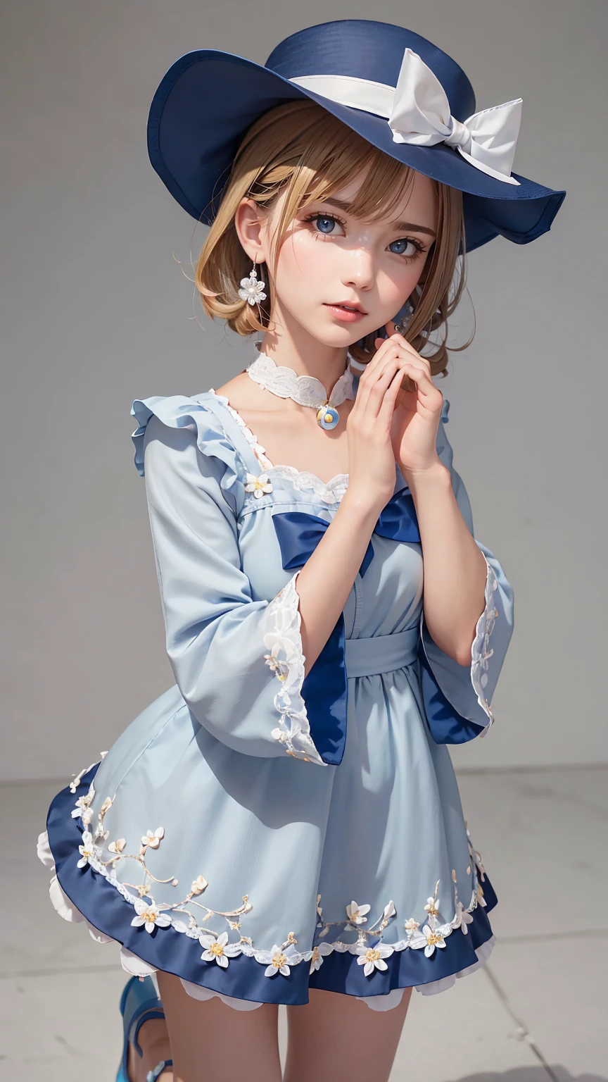 uekura, One girl, Blonde Hair, White Background, Have, dress, Blue footwear, wing, Simple Background, sign, flower, Manicure, Wide sleeves, Long sleeve, blush, animal, white flower, alone, whole body, bird, View Viewer, High heels, Put your hand on your cheek, put your hand on your face, Frills, bow, bangs, ribbon, Bell, Blue hat, +_+, shoes下, short hair, Grey Eyes, shoes, Blue Claws, feathered wing, blue bow、Rin々A funny expression