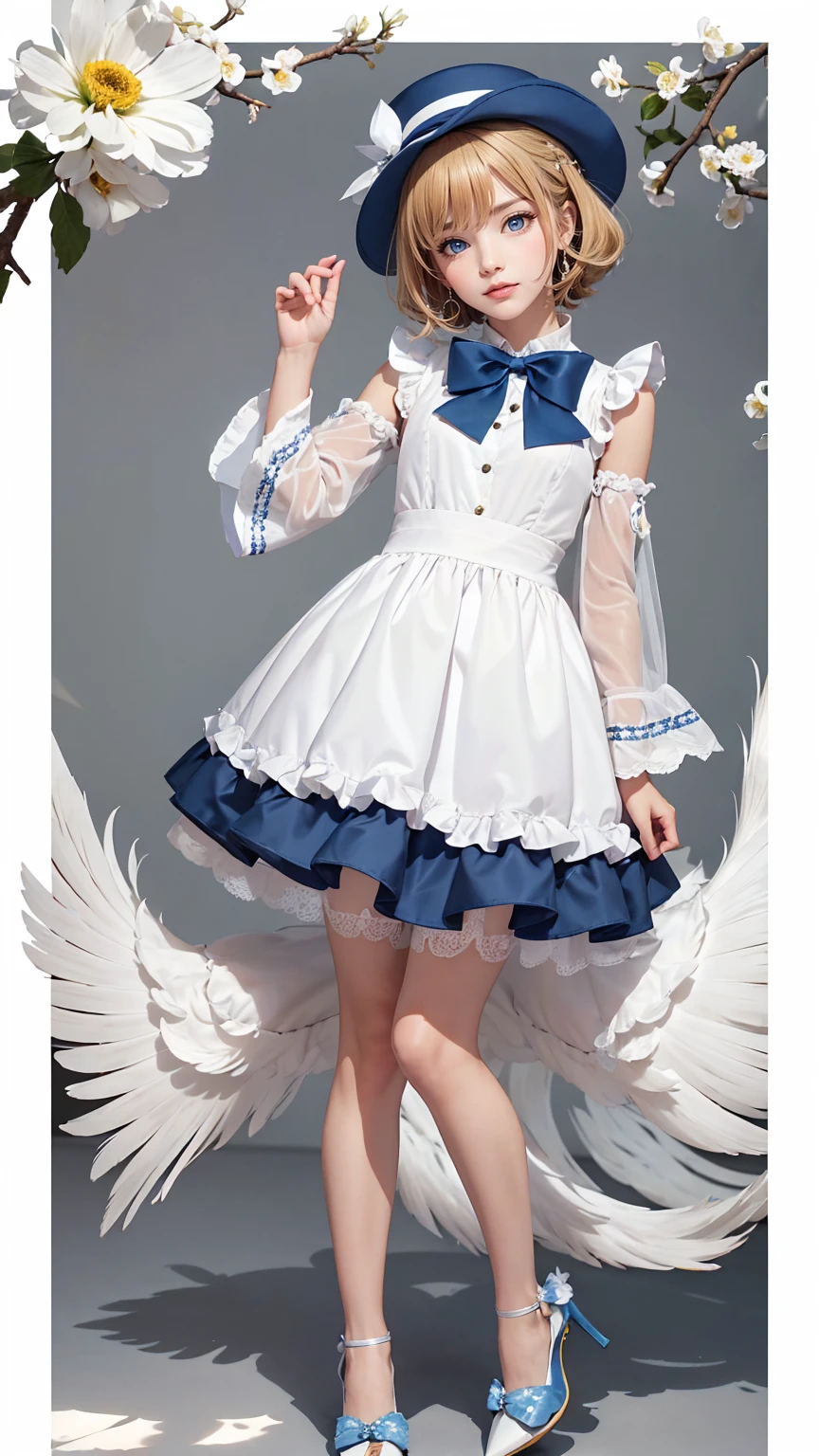 uekura, One girl, Blonde Hair, White Background, Have, dress, Blue footwear, wing, Simple Background, sign, flower, Manicure, Wide sleeves, Long sleeve, blush, animal, white flower, alone, whole body, bird, View Viewer, High heels, Put your hand on your cheek, put your hand on your face, Frills, bow, bangs, ribbon, Bell, Blue hat, +_+, shoes下, short hair, Grey Eyes, shoes, Blue Claws, feathered wing, blue bow、Rin々A funny expression