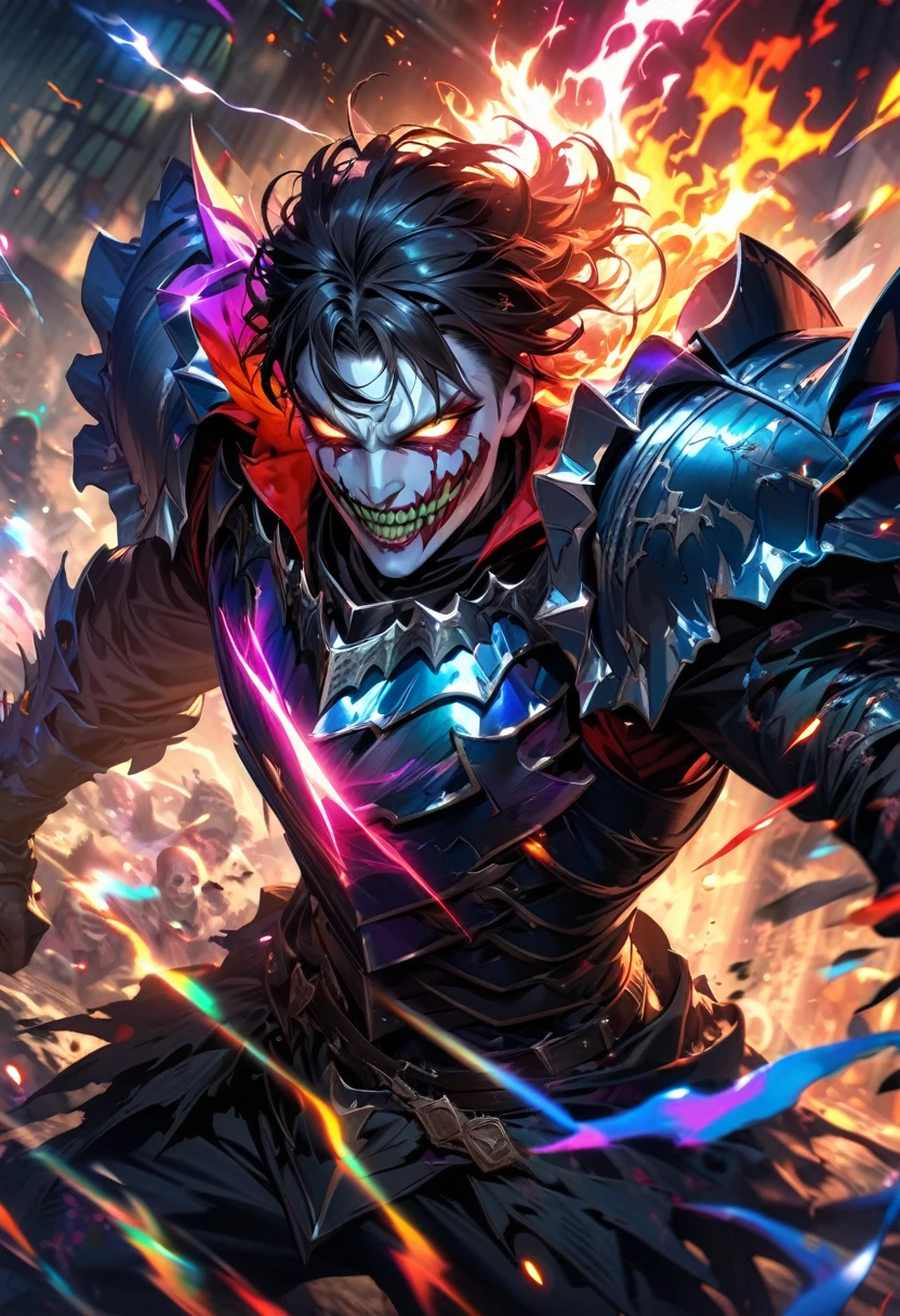 absurdres, highres, ultra detailed, HDR, masterpiece, extremely detailed face and eyes, zombie armor knight, Epic Joker mask,,colorful Black hair , , solo, ,man, handsome, , , Epic fight scene, colorful flames splashing effect,colorful lightning effect,glowing glitters