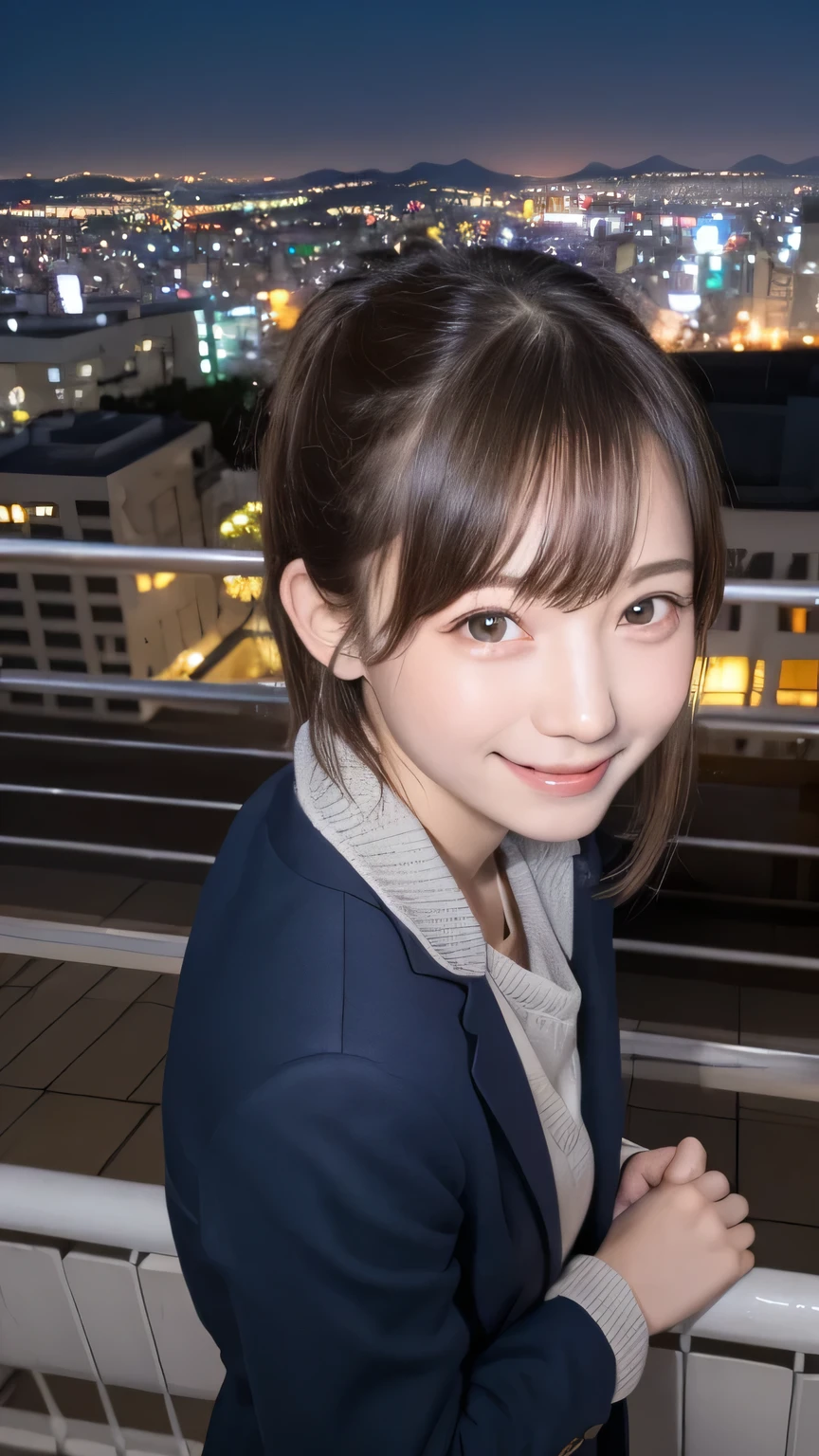 closeup shot , Best picture quality (8K, high resolution, Masterpiece: 1.2), super detailed, 215 Short Hair, 16-year-old woman,
situation: Scene of enjoying the night view from the observation deck of Mount Hakodate in Japan。
clothing: A smart jacket and casual trousers、Loafers underfoot。Hair down and fluttering in the wind。
angle: With the night view as a background、Shooting from behind。Leaning on the railing of the observation deck,、Close-up of a profile illuminated by the night view。We also recommend taking a bird's-eye view shot from above.。Close-up of face
, random cute pose ,big eyes ,Puffy eyes , Heart Pupil, blush , huge shy smile , salute
