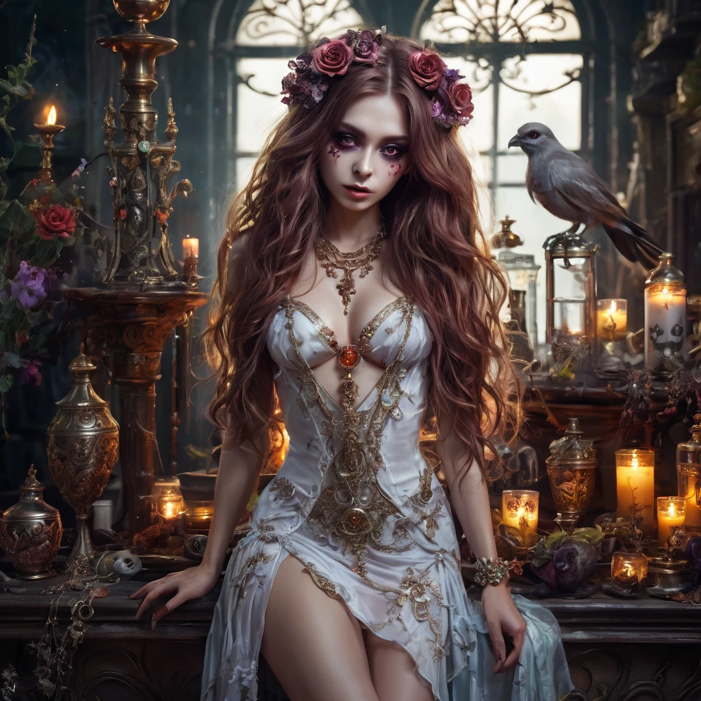 topless zombie girl, long bloody hair, seductive eyes, mysterious expression, mature appearance, charming dress, flowing short dress, elegant jewelry, intricate decoration, magic symbols, glowing accessories, potions, scrolls, cute accents, bows, ribbons, flowers, birds, skeleton