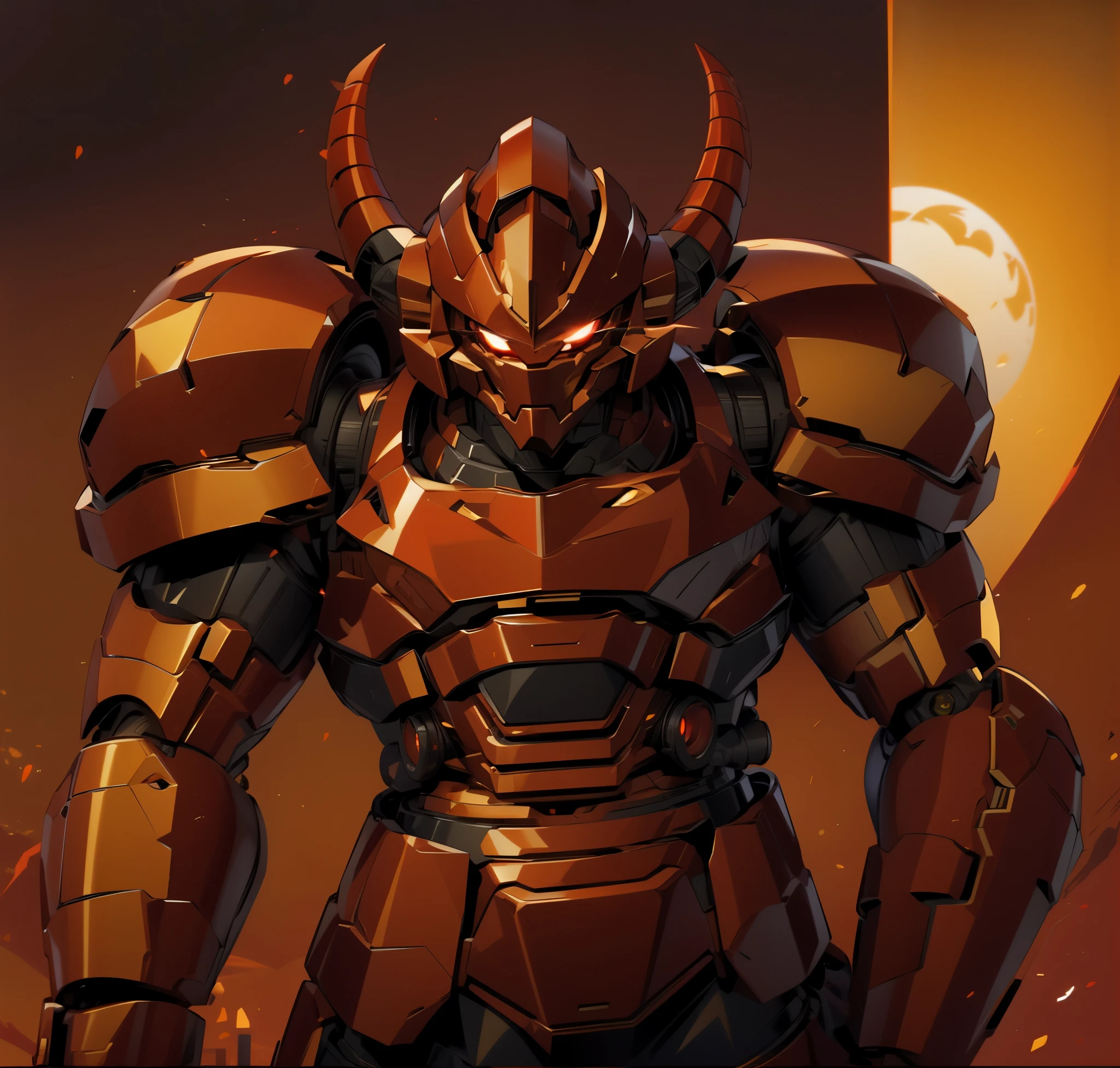Robot, red mono eye, red body, high quality, golden horns on head, heavily armored,Robot, red mono eye, red body, high quality, golden horns on head, heavily armored, reddish-black shoulders, arm armor is an austere shade, sunset background,