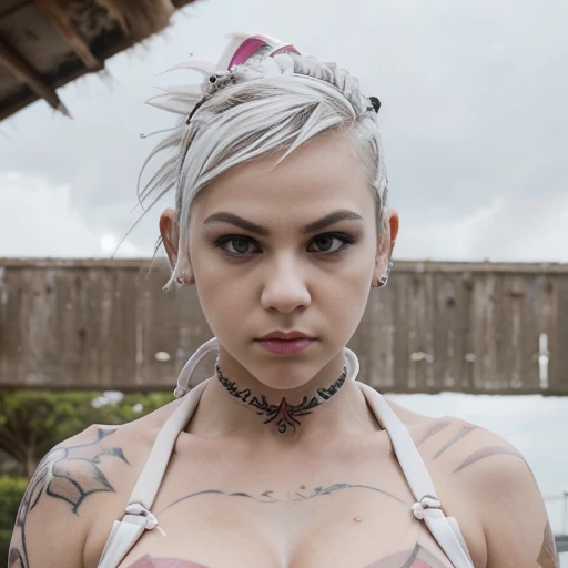 Beautiful punk woman with a coloured Mohawk and shaved underside hairstyle, (((little girl face))), (((serious face))), (((bikini))), (((tanga))), piercings, ((tattoos)), intense eye contact, (((((white eyes))))), (pretty eyes), pink hair, ((((full body)))), (((gigant boobs))), ((front view)), ((front look)), (perfect abdomen)