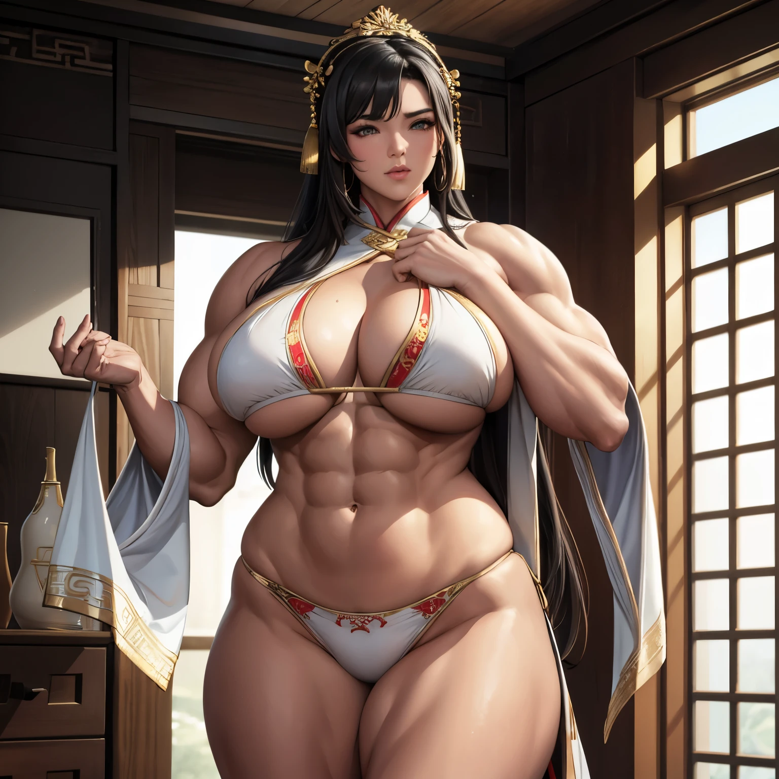In the room is an ancient Chinese woman wearing a white bikini and a delicate Hanfu embroidered with gold decorations,poses in the room, Very beautiful. Big muscles, exaggeratedly large physique, huge muscle, Thick body, absurdly massive physique, powerful and huge, strong and imposing, bodybuilder superhero bikini, giant stunning goddess shot, Large muscles, Big muscles, hyperrealistic full figure, Huge muscles, thicc, beautiful thick female,(super high precision,realisticlying,Best picture quality,High fidelity),(8K full size,Main image,The picture is excellent),(physically-based renderingt,automatic white balance,Global illumination effect)