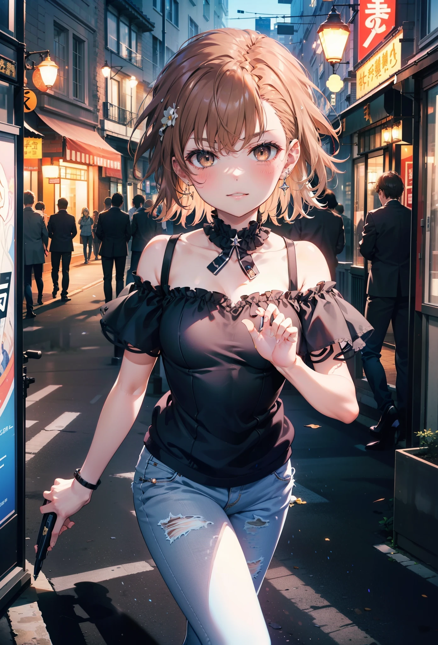 8k,highest quality,masterpiece,(((Pixel Perfect, 細部まin完璧))), 一people々in, 1people々, Mycotrose, Brown eyes,Brown Hair,short hair,blush,Cold shoulder tops,Short sleeve,Skinny jeans,Stiletto heels,happy smile, smile, Open your mouth,whole bodyがイラストに入るように,Walking,night,Looking down from above,
break outdoors, Residential Street,crowd, people々々々々々,
break looking at viewer, whole body,
break (masterpiece:1.2), highest quality, High resolution, unity 8k wallpaper, (shape:0.8), (Beautiful details:1.6), Highly detailed face, Perfect lighting, Highly detailed CG, (Perfect hands, Perfect Anatomy),