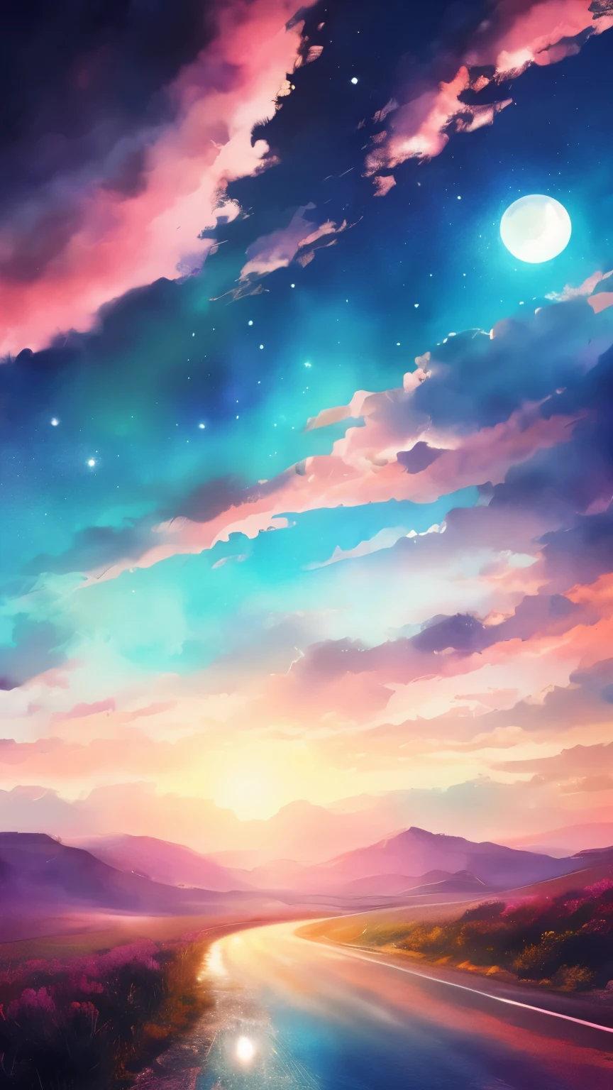 (highest quality, Master Parts:1.2), Soft Focus, Bright gradient watercolor, Dreamy and melancholy rose road, photorealistic space sky, artistic, psychedelic, Giant Eyes