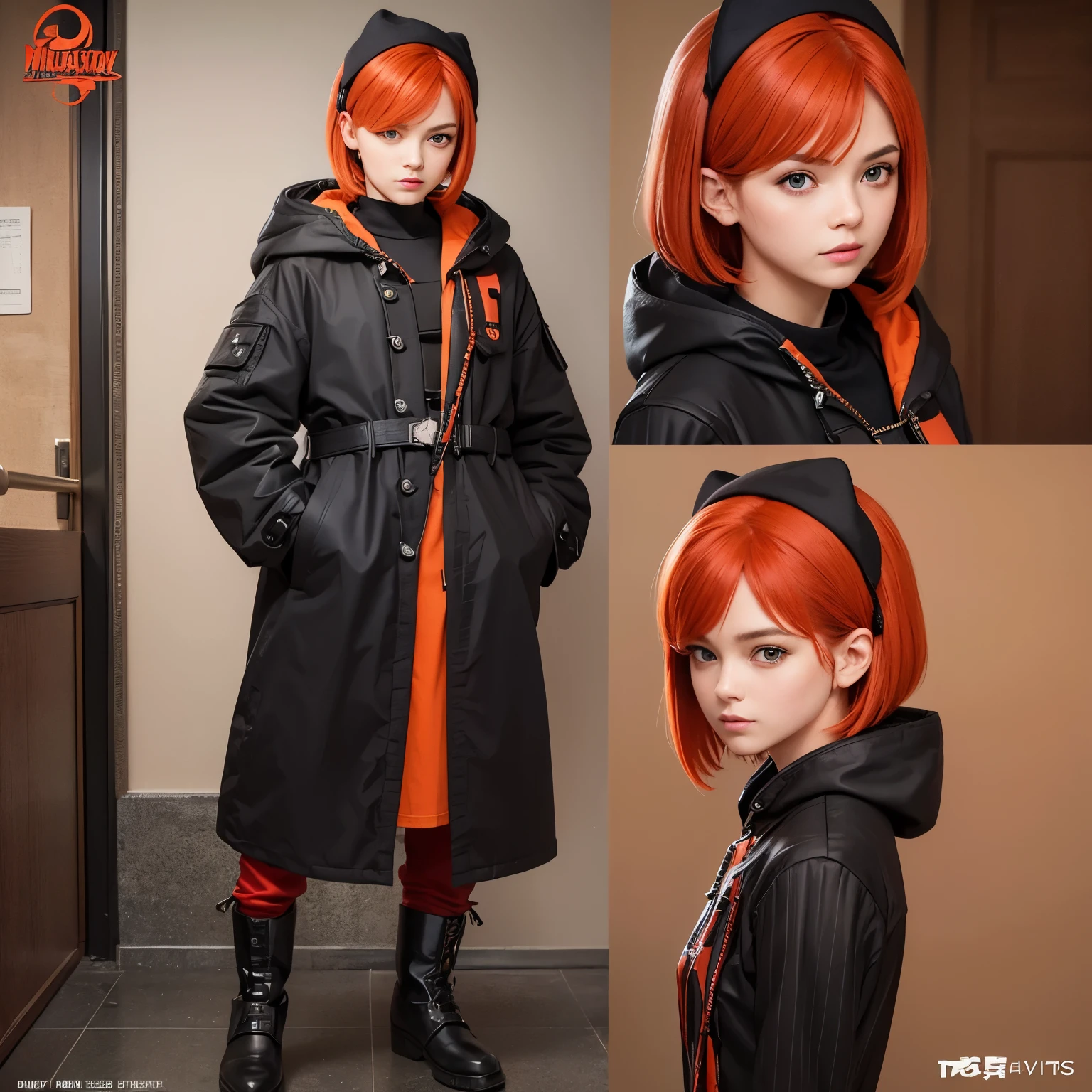 ((Masterpiece, Highest quality)), detailed face, character design sheet， full body, full of details, front view, back view of body, Highly detailed, female, red-orange hair color, short bob style ,The skin color is white., The eyes are dark green., Eyes sharp like a hawk, There is a red rim at the corner of the eye.. clothes: The coat is black with green stripes., Long sleeves and hood. Wear a mask with a black hawk.&#39;His mouth covered his mouth and his nose., glove, watch, shorts, The socks are knee high and covered with knee pads., canvas shoes, and holding a futuristic style rifle.