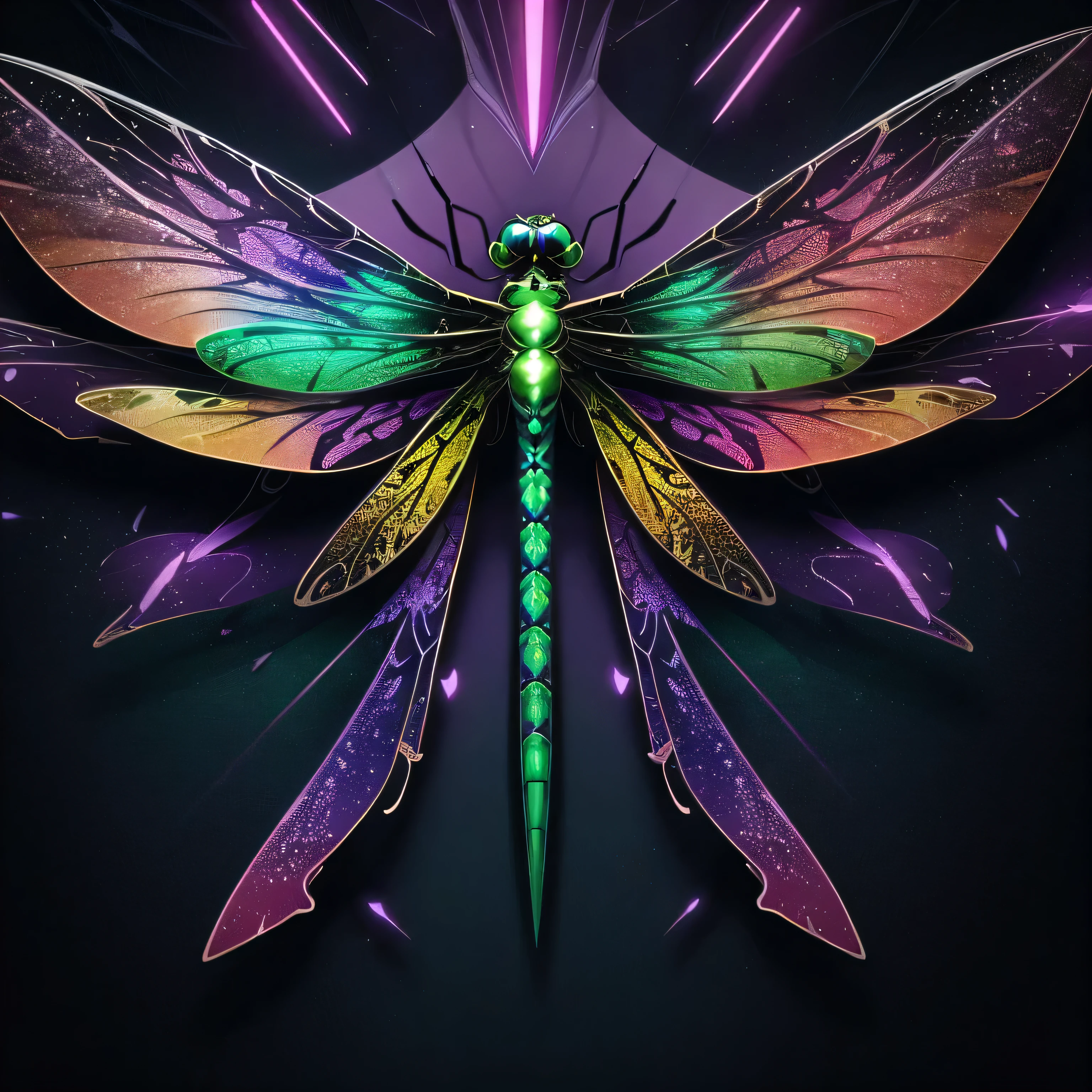 Centered vectorized illustration logo design, watercolor, chromed oil painting of a psychedelic dragonfly with three eyes, black background sparks, neon green, pink and purple colors high quality, best quality, perfectly textured, dramatic luminosity, octane render 8K.