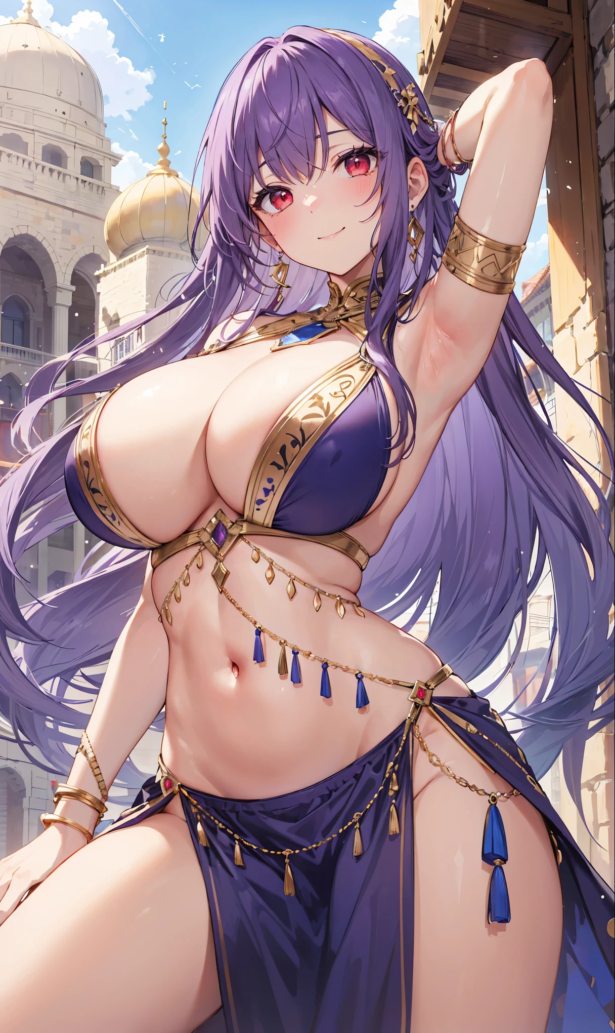 high quality, ultra detailed, best quality, insanely detailed, beautiful, masterpiece, 1girl, medieval plaza, cowboy shot, red eyes, long hair, purple hair, belly dancer, circlet, earrings, armlets, bracelets, bashful smile, large breasts, cleavage, soft stomach