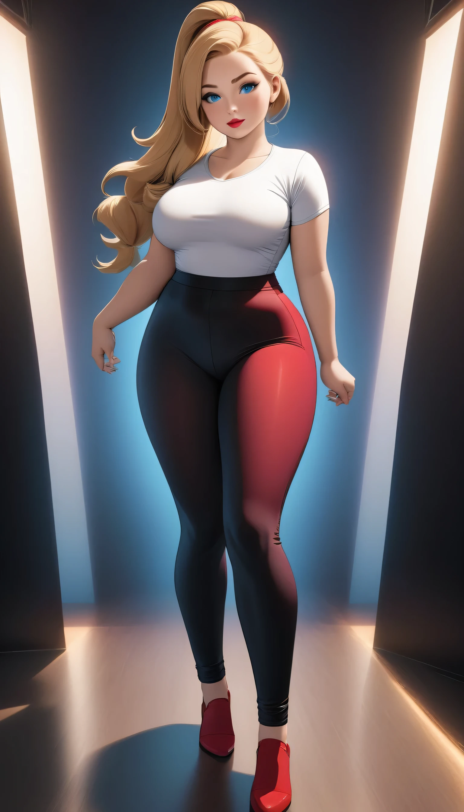 Chubby curvy, girl teen, cute, 15yo, blonde hair, long ponytail, blue eyes rounded,ina dark room, red lipstick, Beautiful, full body view, wearing sexy legging pants white, t-shirt tight cleavage, wide hips, ultra-detailed, realistic, 4k, high-res
