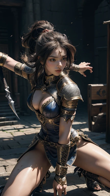 ((masterpiece)),highest quality, (8k, highest quality), Very detailed,(Female gladiator in chain mail,Skin-revealing high-leg costume),(Dynamic fighting poses),(A look of contempt),(Spread your legs wide、Keep your center of gravity low, Like Ninja martial arts.)、,Very beautiful 24 year old girl, (cute:1.2),The background is a medieval castle of the future、((A powerful female warlord stabs the screen with her legendary longsword.))、A sulky smile、(Sharp, large eyes and a beautiful face)、The fight has left my whole body covered in soot.