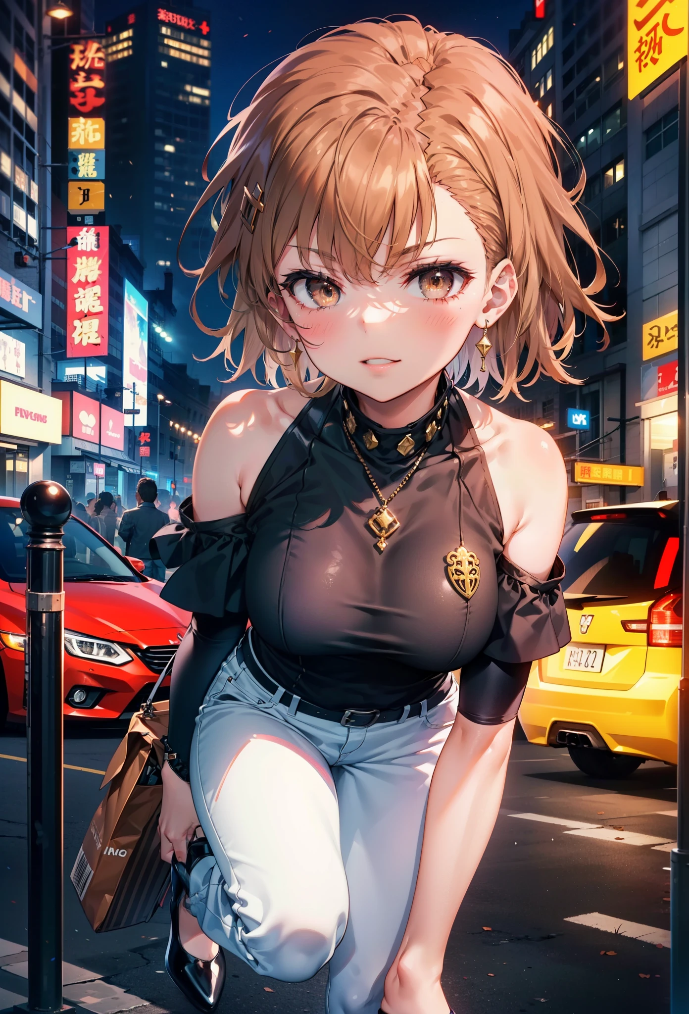 8k,highest quality,masterpiece,(((Pixel Perfect, 細部まin完璧))), 一people々in, 1people々, Mycotrose, Brown eyes,Brown Hair,short hair,blush,Cold shoulder tops,Short sleeve,Skinny jeans,Stiletto heels,happy smile, smile, Open your mouth,whole bodyがイラストに入るように,Walking,night,Looking down from above,
break outdoors, Residential Street,crowd, people々々々々々,
break looking at viewer, whole body,
break (masterpiece:1.2), highest quality, High resolution, unity 8k wallpaper, (shape:0.8), (Beautiful details:1.6), Highly detailed face, Perfect lighting, Highly detailed CG, (Perfect hands, Perfect Anatomy),