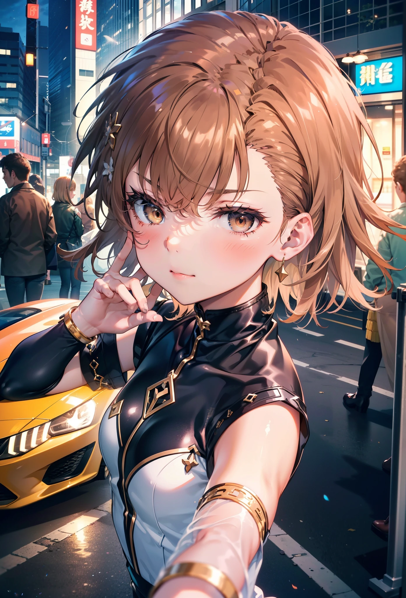 8k,highest quality,masterpiece,(((Pixel Perfect, 細部まin完璧))), 一people々in, 女の子1people々, Mycotrose, Brown eyes,Brown Hair,short hair,blush,Cold shoulder tops,Short sleeve,Skinny jeans,Stiletto heels,happy smile, smile, Open your mouth,whole bodyがイラストに入るように,Walking,night,Looking down from above,
break outdoors, Residential Street,crowd, people々々々々々,
break looking at viewer, whole body,
break (masterpiece:1.2), highest quality, High resolution, unity 8k wallpaper, (shape:0.8), (Beautiful details:1.6), Highly detailed face, Perfect lighting, Highly detailed CG, (Perfect hands, Perfect Anatomy),