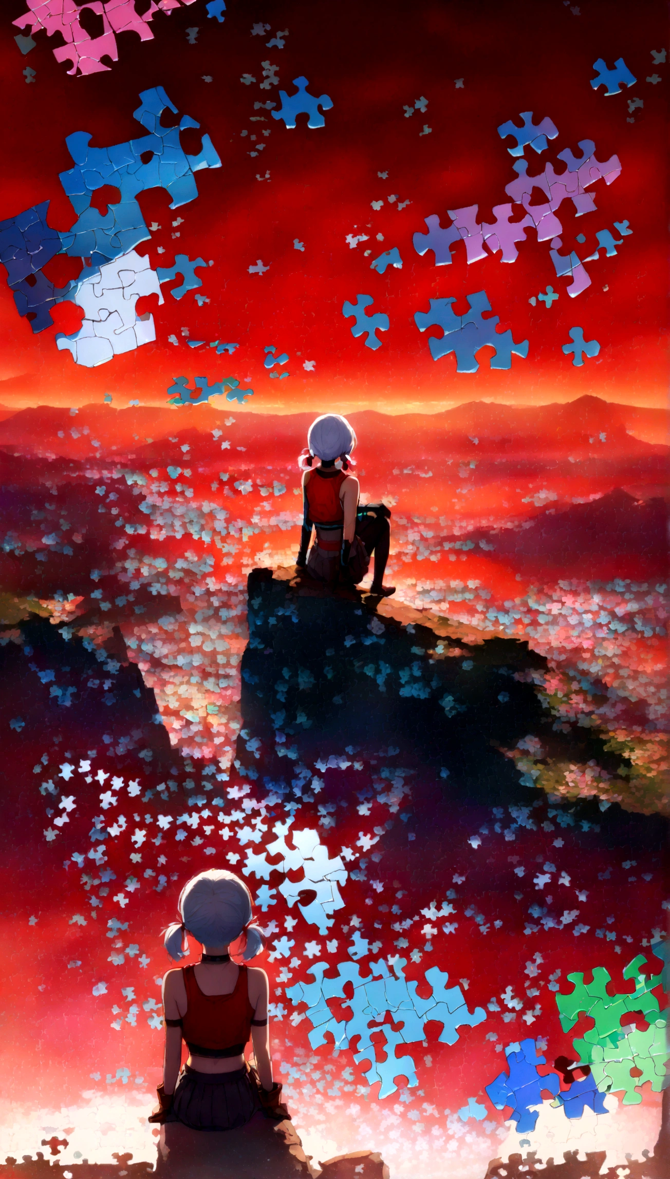 quality,(masterpiece:1.9),(details),((,best quality,)),//,(red theme:1.4),(red sky:1.7),(warning signal:1.2),cityscape,focus on sky,horizon,(,broken glass,broken sky:1.3),landscape,surreal elements,glitch,error message,(error,error data code:1.3),(glitch effect:1.3),(cyberpunk:1.5),shards,(puzzle:2.0),glass,broken glass,clear glass,shards of glass,broken glass shards,reflection,one girl,(sitting on edge of cliff),from behind,aerial view,,(short pigtails),(white hair:1.3),(crop top, gloves, skirt),(wide shot:1.4),mid shot