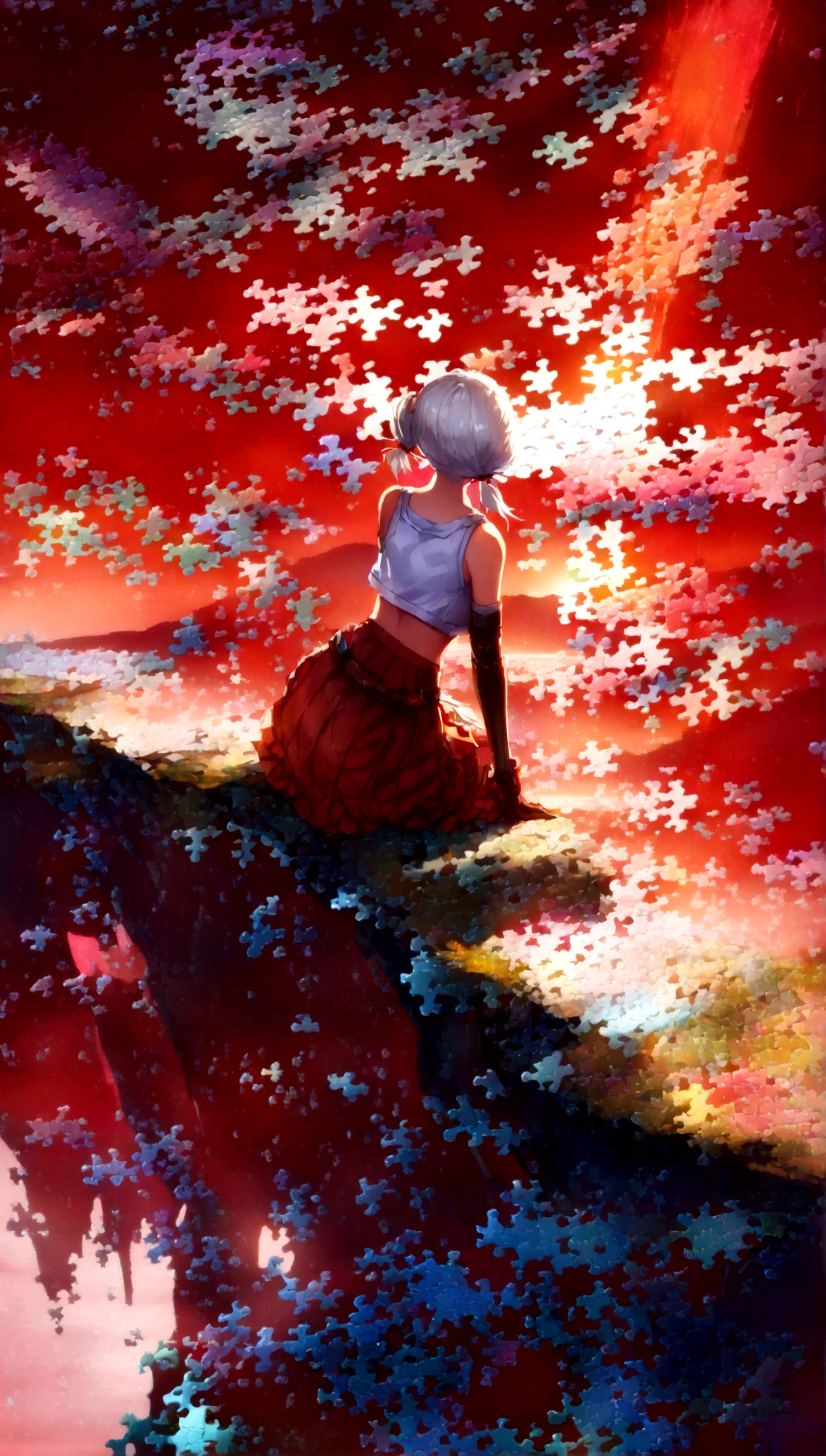 quality,(masterpiece:1.9),(details),((,best quality,)),//,(red theme:1.4),(red sky:1.7),(warning signal:1.2),cityscape,focus on sky,horizon,(,broken glass,broken sky:1.3),landscape,surreal elements,glitch,error message,(error,error data code:1.3),(glitch effect:1.3),(cyberpunk:1.5),shards,(puzzle:2.0),glass,broken glass,clear glass,shards of glass,broken glass shards,reflection,one girl,(sitting on edge of cliff),from behind,aerial view,,(short pigtails),(white hair:1.3),(crop top, gloves, skirt),(wide shot:1.4),mid shot