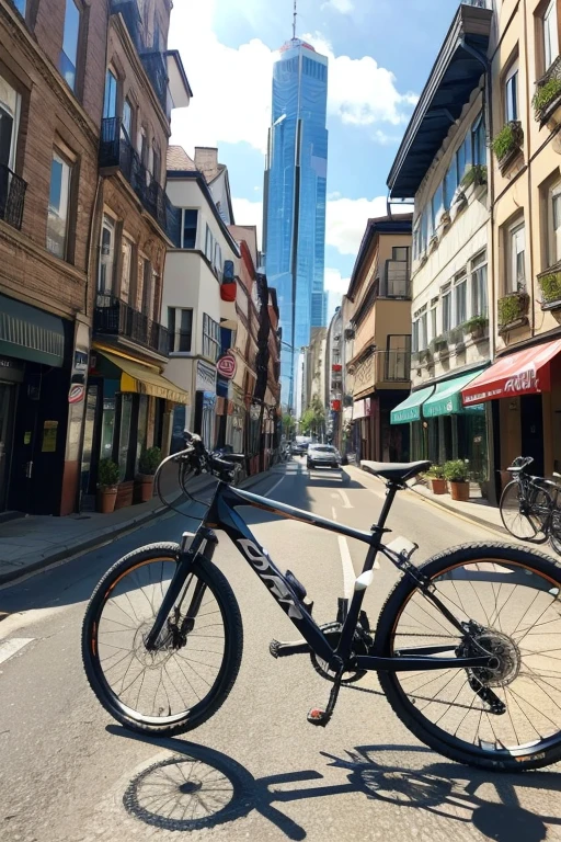 mountain bike bicycle lock.  In the background of the image there is a big city street landscape with cars, bicycles and pedestrians passing by