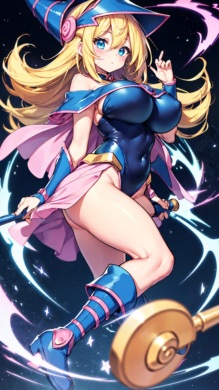Black Magician Girl、Huge breasts、Thick thighs、Blonde Hair、magic circle、8k, 4K, highest quality, High resolution: 1.2),Wink、Exposing one breast、Cute anime face、Pink blush on cheeks、Noise Reduction、A tight leotard、Carrying a walking stick、Holding a cane、Rear View、Turn around、Full body portrait、T-back that digs into your ass、gun