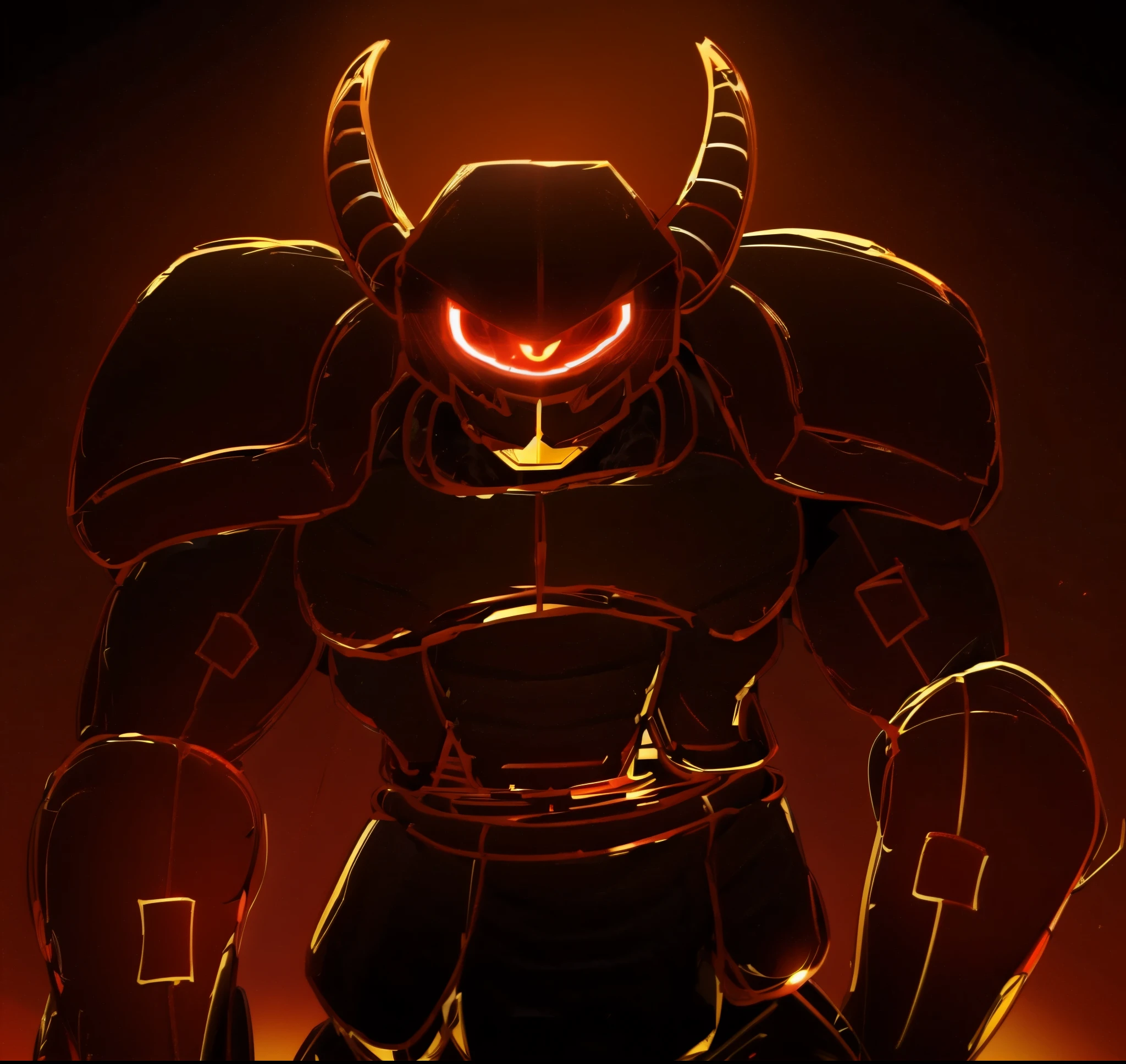 Robot, red mono eye, red body, high quality, golden horns on head, heavily armored,Robot, red mono eye, red body, high quality, golden horns on head, heavily armored, reddish-black shoulders, arm armor is an austere shade, sunset background,