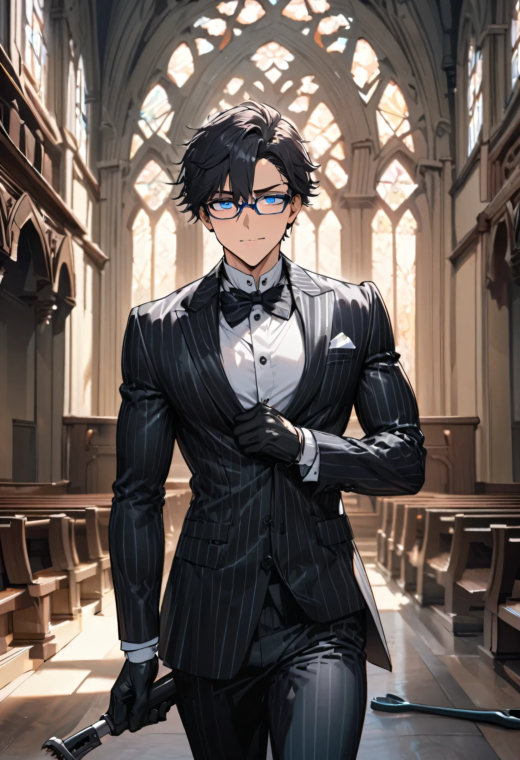 (solo black very short hair nice guy, Athlete body, tool, Surprise blue eyes, glasses, Surprise face), (in a detailed groom suit) (in the Chapel, beautiful detailed background), standing pick up, BREAK, perfect anatomy, masterpiece, best quality, 16k, beautiful detailed grow, daydreaming expression.