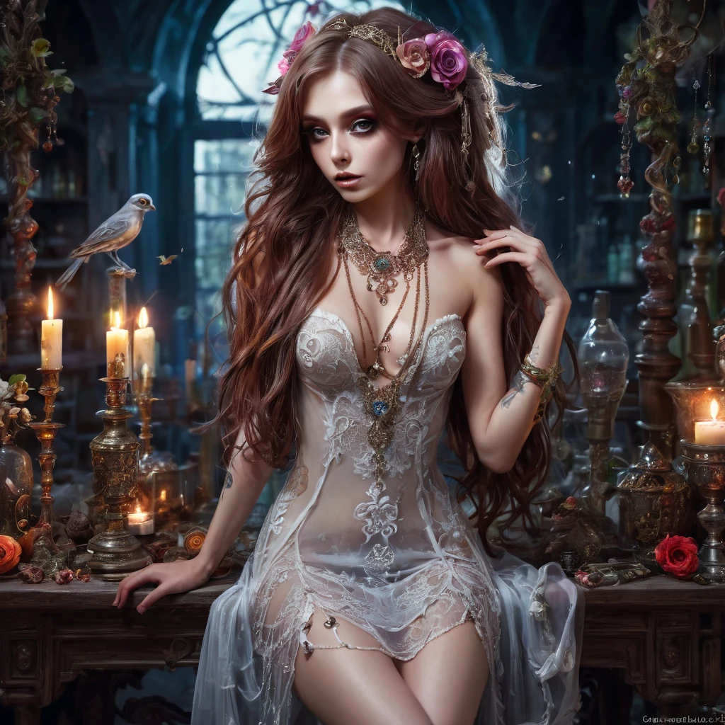 topless zombie girl, long bloody hair, seductive eyes, mysterious expression, mature appearance, charming sheer dress, flowing short dress, elegant jewelry, intricate decoration, magic symbols, glowing accessories, potions, scrolls, cute accents, bows, ribbons, flowers, birds, skeleton