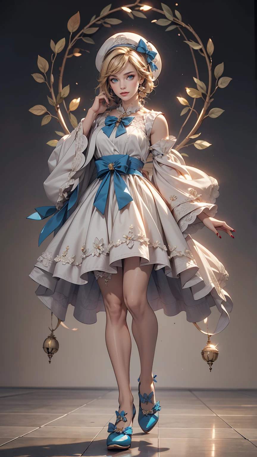 uekura, One girl, Blonde Hair, White Background, Have, dress, Blue footwear, wing, Simple Background, sign, flower, Manicure, Wide sleeves, Long sleeve, blush, animal, white flower, alone, whole body, bird, View Viewer, High heels, Put your hand on your cheek, put your hand on your face, Frills, bow, bangs, ribbon, Bell, Blue hat, +_+, shoes下, short hair, Grey Eyes, shoes, Blue Claws, feathered wing, blue bow