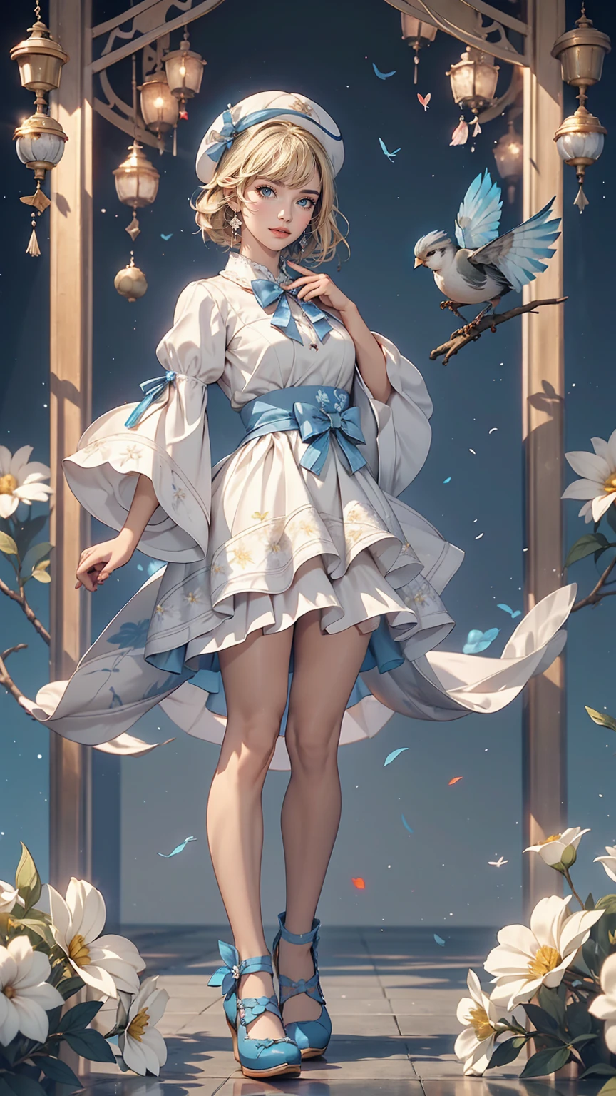 uekura, One girl, Blonde Hair, White Background, Have, dress, Blue footwear, wing, Simple Background, sign, flower, Manicure, Wide sleeves, Long sleeve, blush, animal, white flower, alone, whole body, bird, View Viewer, High heels, Put your hand on your cheek, put your hand on your face, Frills, bow, bangs, ribbon, Bell, Blue hat, +_+, shoes下, short hair, Grey Eyes, shoes, Blue Claws, feathered wing, blue bow