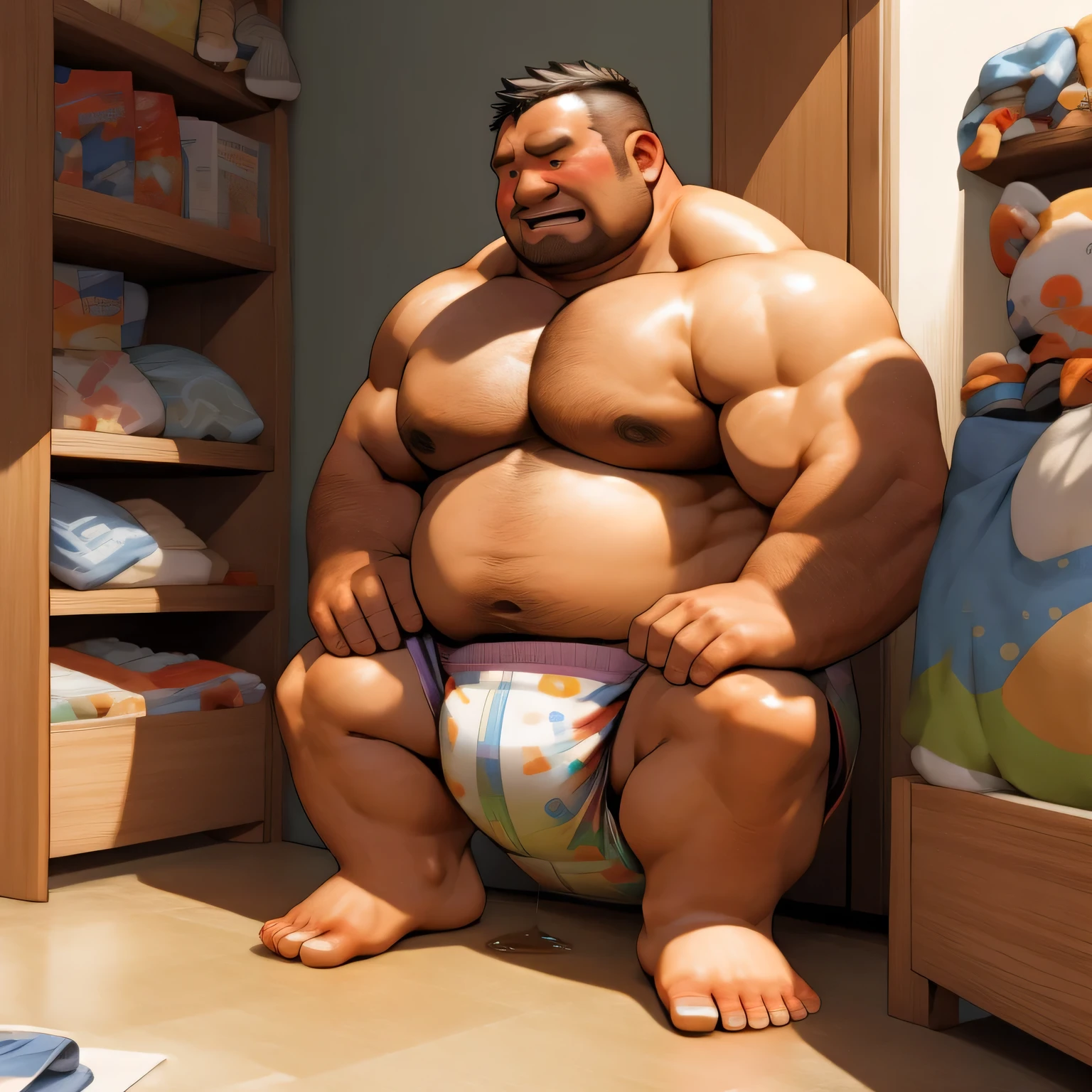 masterpiece, Top quality, in 32K, perfect anatomy, hyper detailed, super fine illustration, The thick man is a brutal prisoner, retarded, hairy, human, 50yo in japan, (fatness: 1.0), Fatty muscle, Bowleg, disappointment, incontinent, be diaper check by children, There is a small puddle under him, Naked, short legs, Bowleg, spread legs, wear a White cloth Diaper, Bare belly, Bare legs, Bare foots, Bare soles, Shirtless, wide forehead and short thinning hair, Man with round face with stubble, Bare foots, Bare soles, shy, sissy, Weaker than children, Drool, Round face, He enters nursery school and is despised by children, He is made to stand attention in the corner of the playroom, corner time, He surrounded by children, Bare foots, big butt, White Diaper, sobbing, There is a small puddle under him