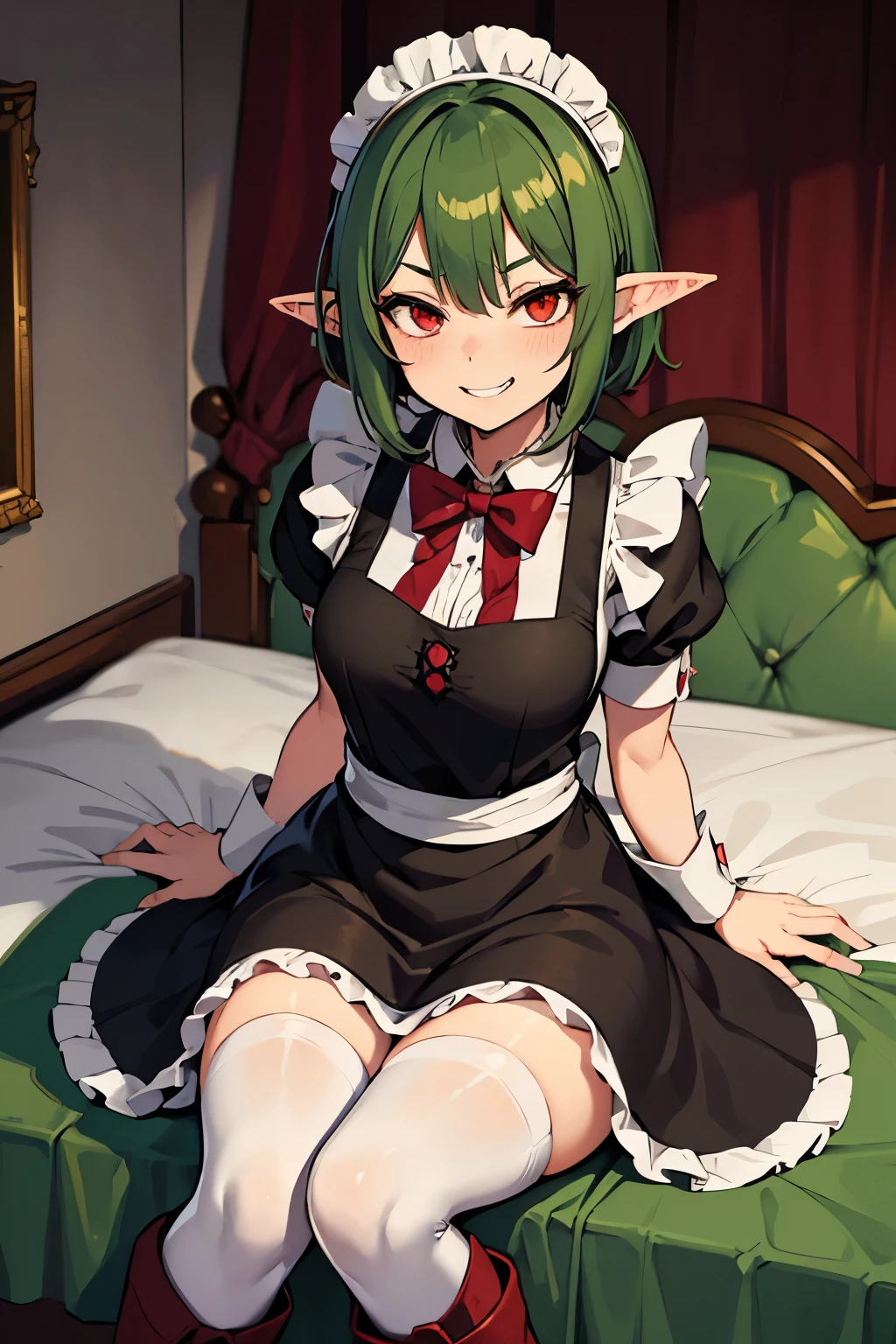 anime girl with short clover dark green hair, elven ears, tall, crimson red eyes, maid dress, maid outfit, apron, white stockings, black boots, bowtie, submissive, gentle, smug evil smile, fangs, background, mansion, noble bedroom,