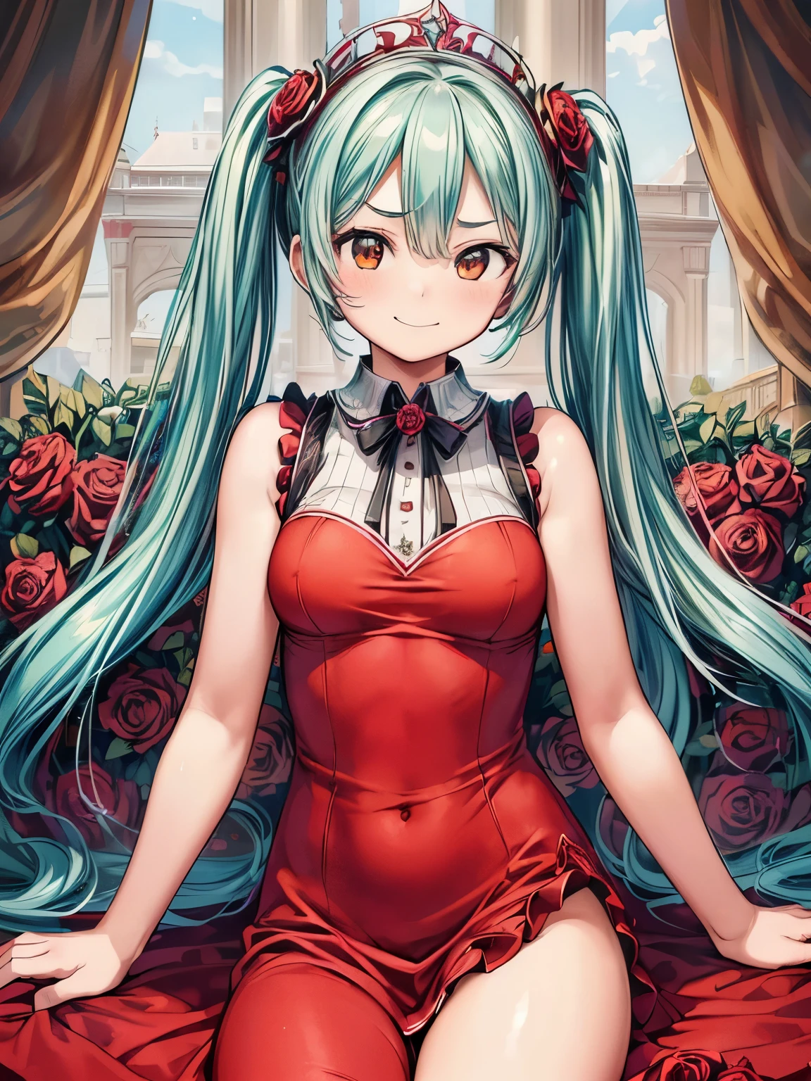 (masterpiece、highest quality、highest quality、Official Art、Beautiful and beautiful:1.2)、(One girl:1.3)Hatsune Miku、Twin tails,Beautiful breasts,(Best image quality, masterpiece:1.2), (Ultra high definition illustration), (Very beautiful mature queen:1.3), (Gorgeous sleeveless queen red dress with roses:1.3), Underarm, Mean face, Wicked Smile,