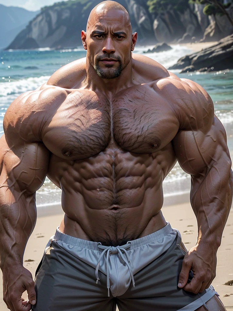 Dwayne Johnson, hairy body, underdressing, bare-chested, there is a large erect bulge in the beach underwear, muscular giant, 3 meters tall bodybuilder, flexing, massive biceps, oversized biceps are 240 inches, with long oversized arms, bulging muscles, prominent veins, broad shoulders, beefy build, hefty, muscle swelling, very hot male, beefy pecs, hairy chest, six-pack ABS, hairy abdomen, hairy groin, manly, handsome male, wide jawline, full of muscles veins, stare straight, much testosterone, shaved beard, tough guy, small gold necklace, shy smile, hyper realistic style, erotic, ultra hd, realistic, vivid colors, highly detailed, UHD drawing, pen and ink, perfect composition, beautiful detailed intricate insanely detailed octane render trending on artstation, 8k artistic photography, photorealistic concept art, soft natural volumetric cinematic perfect light.