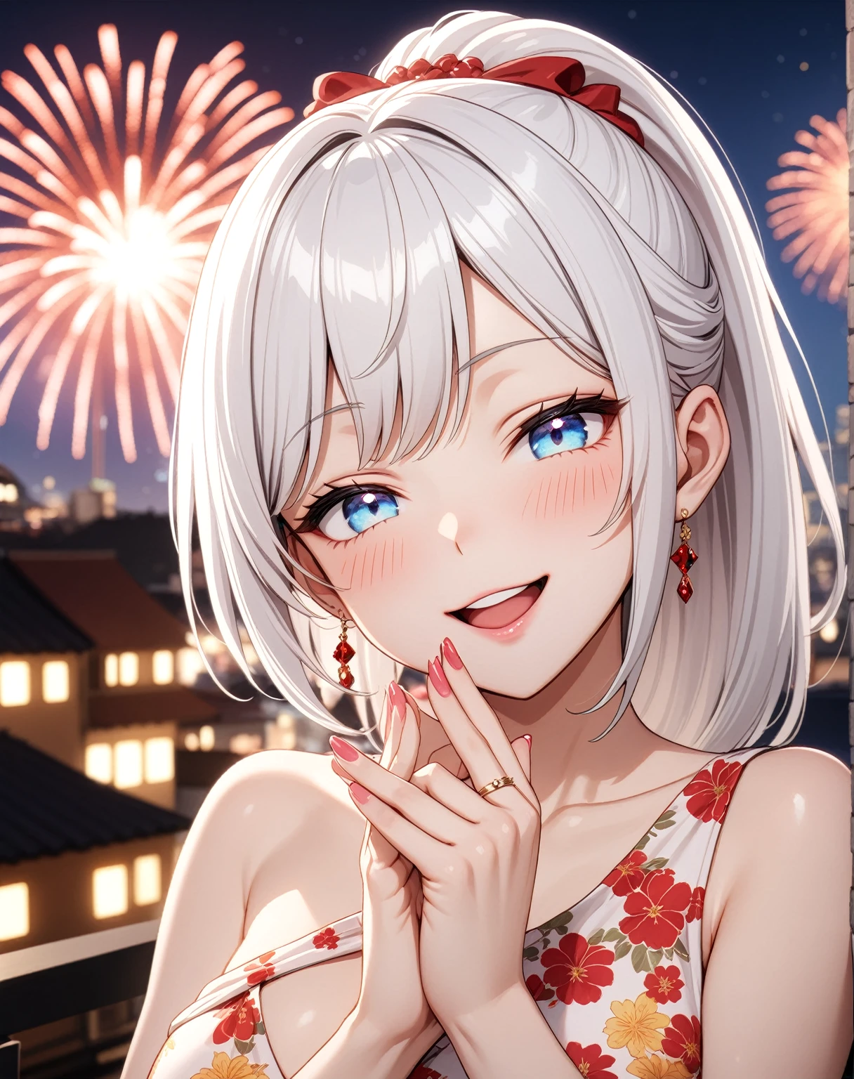 ((one personの女性)), Beautiful Face,Laughing embarrassedly,Laughing with your mouth open,((Wink:2.0)),(Bright red cheeks),Glossy pink lips,night,rooftop,firework,((Anime style background)),masterpiece, highest quality, so beautiful, Latest, Complex details, (Pink long nails),(ring),AI-generated, Complex,High resolution, highest quality, super high quality,3D Images、View your viewers、3D Images,one person,Long white hair,High Ponytail,blue eyes,Anime woman posing for a photo, ((Fine grain、Colorful eyes、Shining Eyes:1.15)),(Squint your eyes:1.1),a hyperRealistic , hyperRealistic , Realistic,Anime woman with long and white hair, Smooth anime CG art, A woman in a colorful kimono with gold embroidery, (White kimono),Red floral pattern,Long flower hair ornament,Big earrings,Mature Body,(Big Breasts:1.3),Tall,Big Ass,Fine details,Narrow waist,Abdominal muscles,(Face close-up:1.4),(A woman clasping their hands in front of their mouth with a delighted expression)