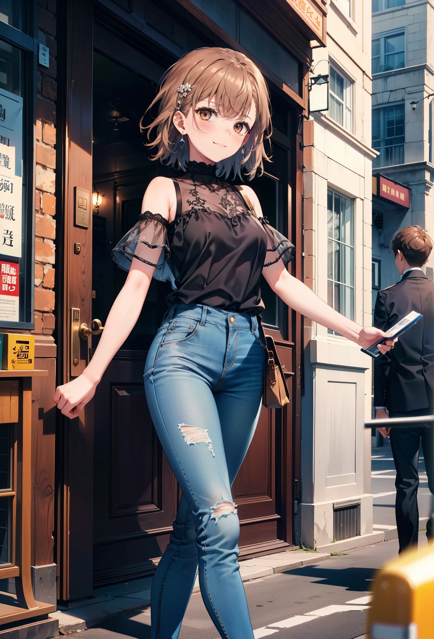 8k,highest quality,masterpiece,(((Pixel Perfect, 細部まin完璧))), 一people々in, 女の子1people々, Mycotrose, Brown eyes,Brown Hair,short hair,blush,Cold shoulder tops,Short sleeve,Skinny jeans,Stiletto heels,happy smile, smile, Open your mouth,whole bodyがイラストに入るように,Walking,night,Looking down from above,
break outdoors, Residential Street,crowd, people々々々々々,
break looking at viewer, whole body,
break (masterpiece:1.2), highest quality, High resolution, unity 8k wallpaper, (shape:0.8), (Beautiful details:1.6), Highly detailed face, Perfect lighting, Highly detailed CG, (Perfect hands, Perfect Anatomy),