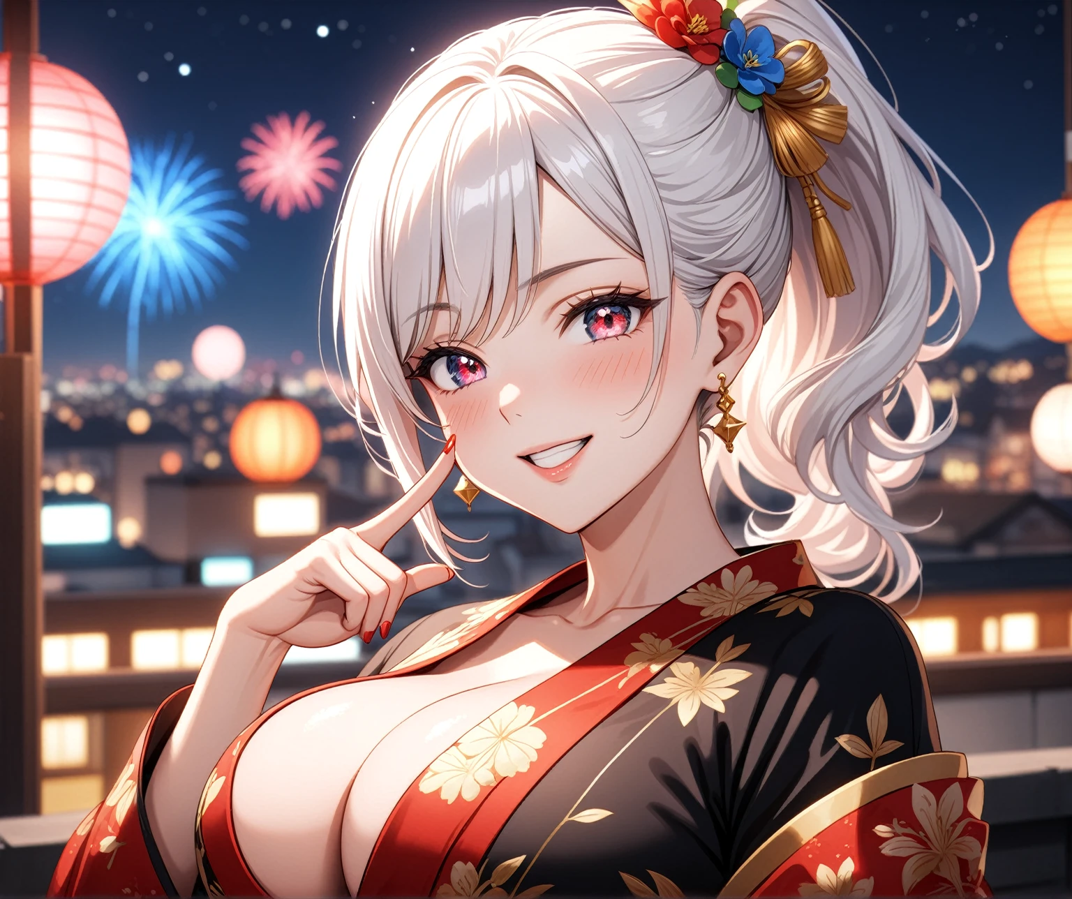 ((one personの女性)), Beautiful Face,Laughing embarrassedly,((Wink:2.0)),Laughing with your mouth open,((Bright red cheeks:1.3)),Glossy pink lips,night,rooftop,firework,((Anime style background)),masterpiece, highest quality, so beautiful, Latest, Complex details, (Pink long nails),(ring),AI-generated, Complex,High resolution, highest quality, super high quality,3D Images、View your viewers、3D Images,one person,Long white hair,High Ponytail,blue eyes,Anime woman posing for a photo, ((Fine grain、Colorful eyes、Shining Eyes:1.1)),(Squint your eyes:1.1),a hyperRealistic , hyperRealistic , Realistic,Anime woman with long and white hair, Smooth anime CG art, A woman in a colorful kimono with gold embroidery, (Black kimono),Red floral pattern,Long flower hair ornament,Big earrings,Mature Body,(Big Breasts:1.1),Tall,Big Ass,Fine details,Narrow waist,(Face close-up:1.4),(touch your lips with your index finger,)