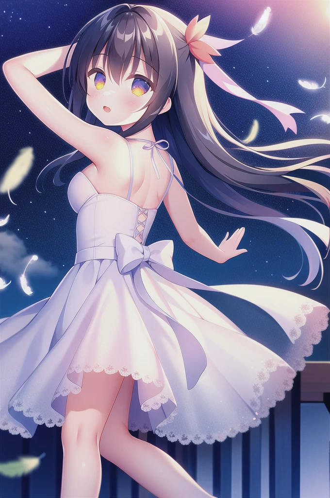 Absurd, high quality, Game CG, One girl, Long Hair, Wedding dress, Outdoor, Night Sky, Falling feathers, Upper Body