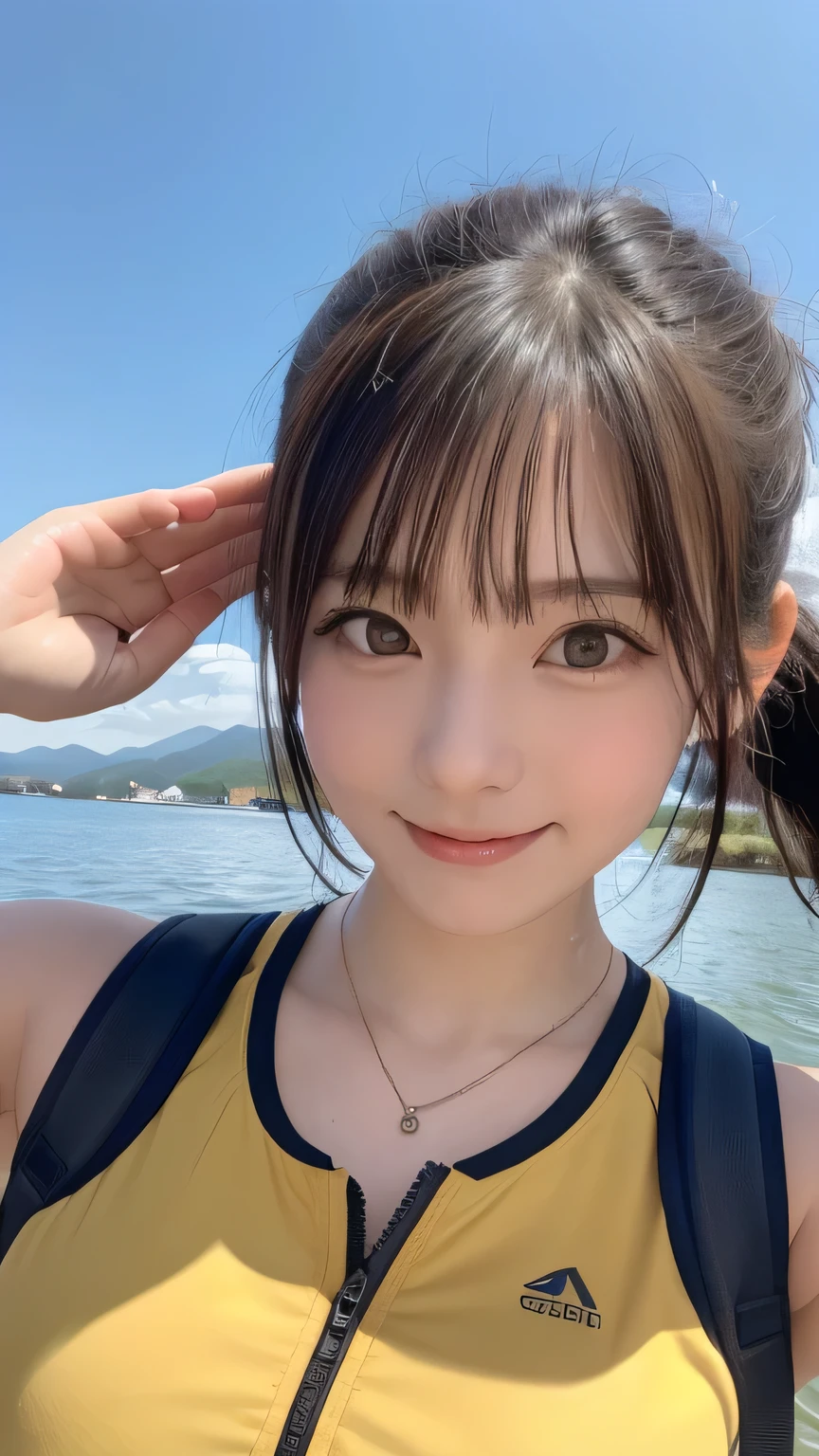 closeup shot , Best picture quality (8K, high resolution, Masterpiece: 1.2), super detailed, 215 Short Hair, 16-year-old woman,
situation: Scenes of people enjoying outdoor activities such as kayaking and hiking in Niseko。
clothing: Sporty tank top and shorts、Trekking shoes on your feet。Hair tied up in a ponytail。
angle: Photographed from the front at an angle, looking at the person in the kayak。Capture the expressions of people enjoying natural scenery and activities。During the hike、Photographed with the mountaintop view in the background。
Close-up of face
, random cute pose ,big eyes ,Puffy eyes , Heart Pupil, blush , huge shy smile , salute