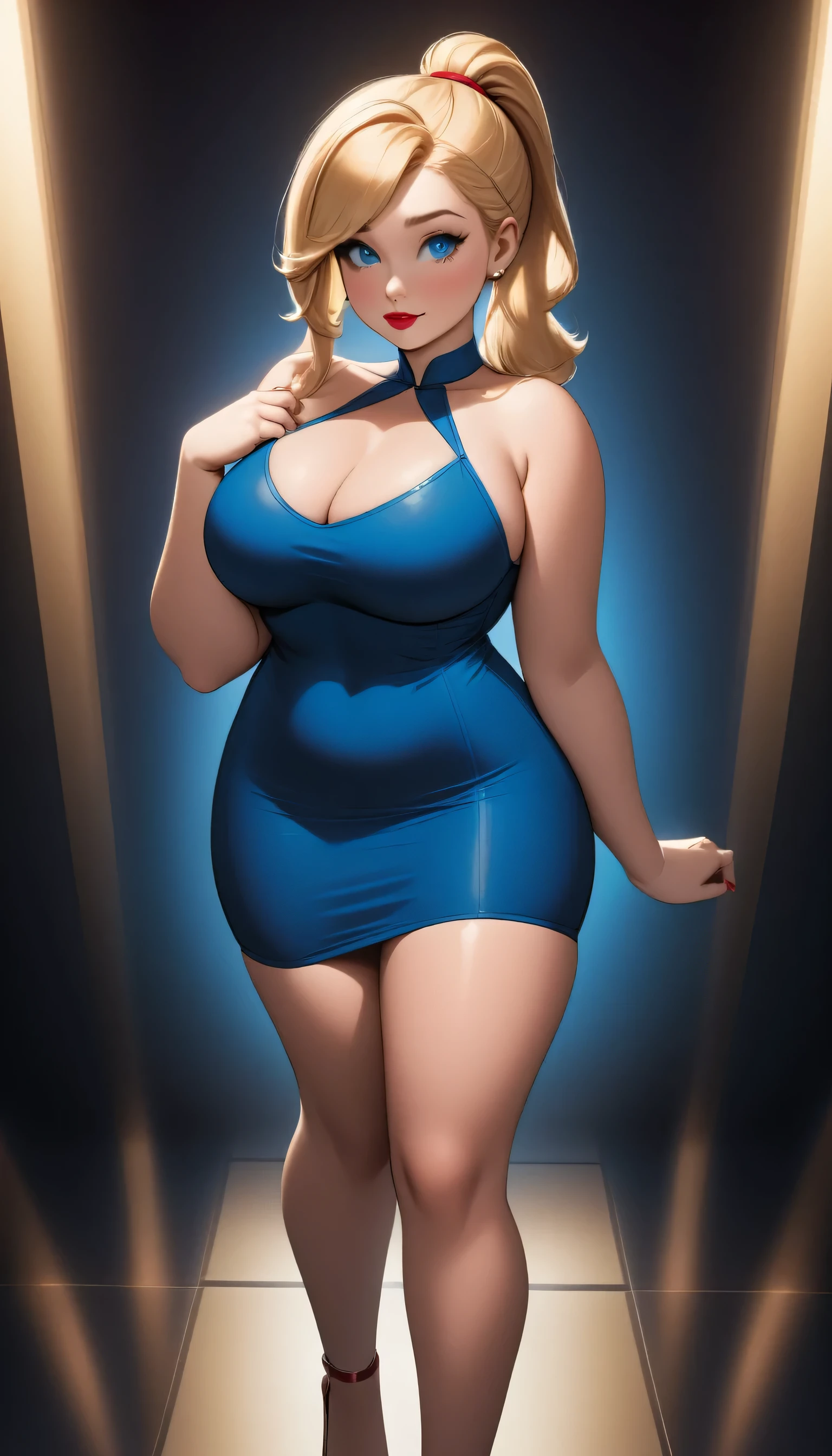 Chubby curvy, girl , cute,  blonde hair, long ponytail, blue eyes rounded,ina dark room, red lipstick, Beautiful, full body view, wearing sexyght short drees cleavaghips, ultra-detailed, realistic, 4k, high-res 