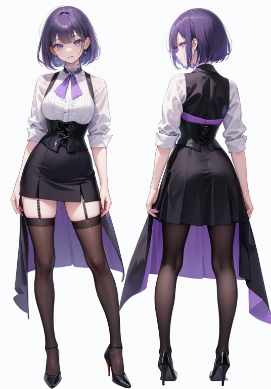 Purple Hair,short hair,Adult female,(suit),White Y-shirt,((Rolling up his sleeves)),(corset),(Black tight skirt),(High heels),Heels are visible,((Simple white background)),smile,((whole body)),((full body)),