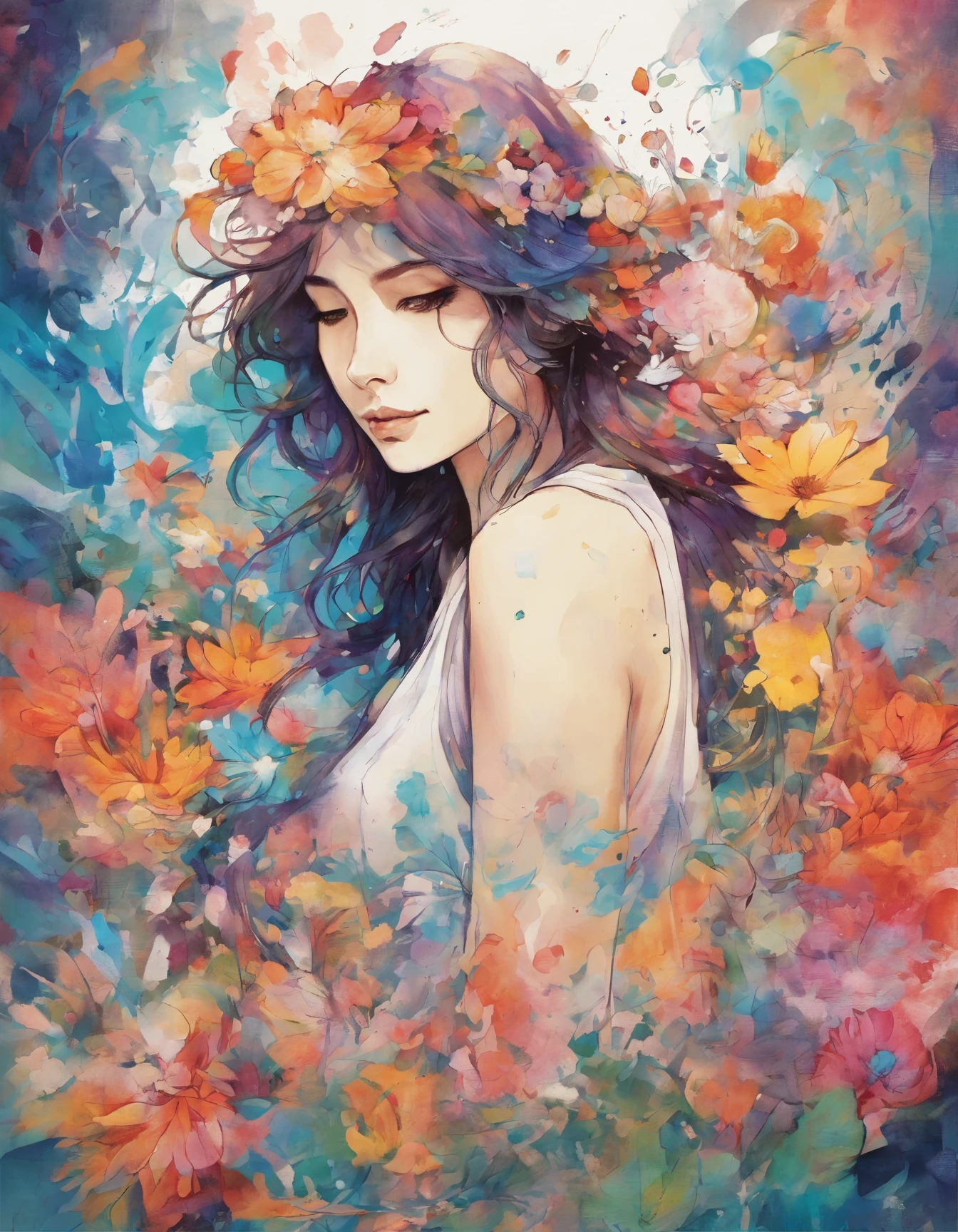 high quality, 8K Ultra HD, high detailed, Watercolor, wash technique, colorful, A painting with scattered paint, Painting like Agnes Cecile, blurry, pale touch, smudged outline, fairy tale (toon shading):: Beautiful woman made with flower colorage, flowers and plants, cutting and combining petals and leaves, drawing women's hair and dresses using the colors and shapes of flowers, vivid colors and nature, luminism, 3D effect, enhanced beauty, Albert Anker, Feeling like John Howe, Greg Rutkowski, Feeling like Kyoto Animation, Artgerm, WLOP, Alphonse Beeple, luminism, Isometric, awesome full color,