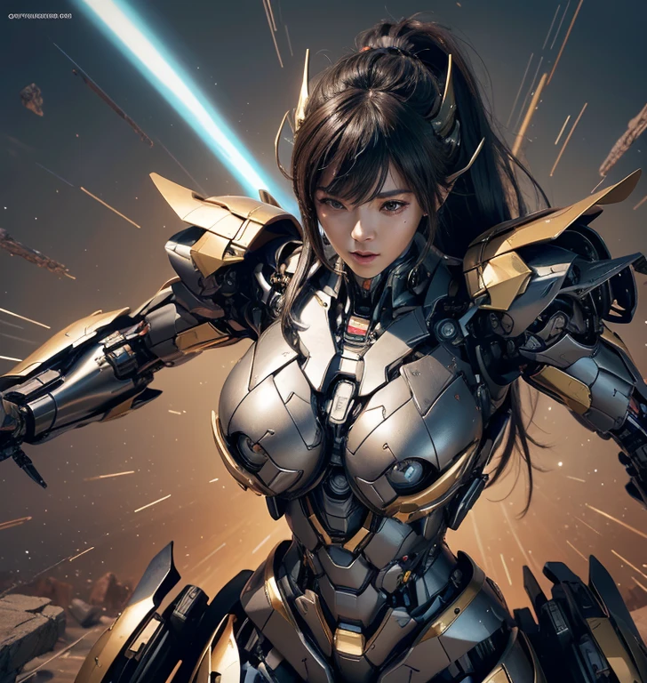 Textured skin, Super Detail, high details, High quality, Best Quality, hight resolution, 1080p, hard disk, Beautiful,(Super Heroine),Oppai Missile,beautiful cyborg woman,Mecha Cyborg Girl,Battle Mode,Girl with a Mecha Body,She wears a battle cyborg mech with a weapon,Fulll body Shot