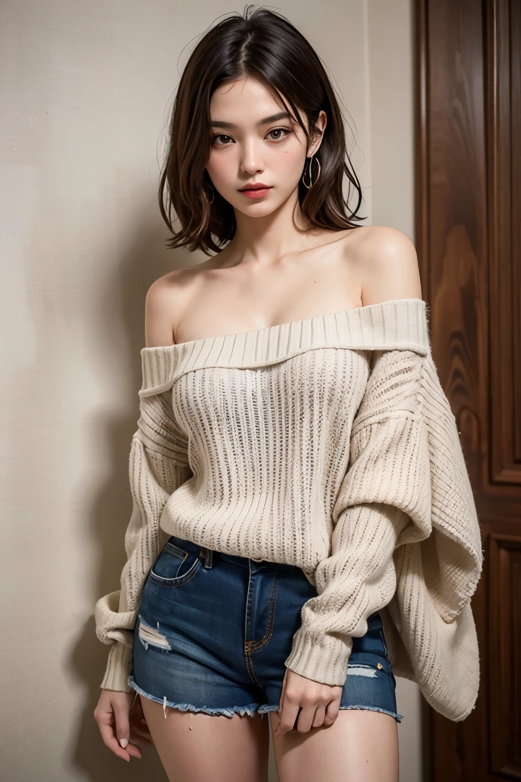 ((highest quality)), ((masterpiece)), (detailed), One girl, Off-the-shoulder sweater, 