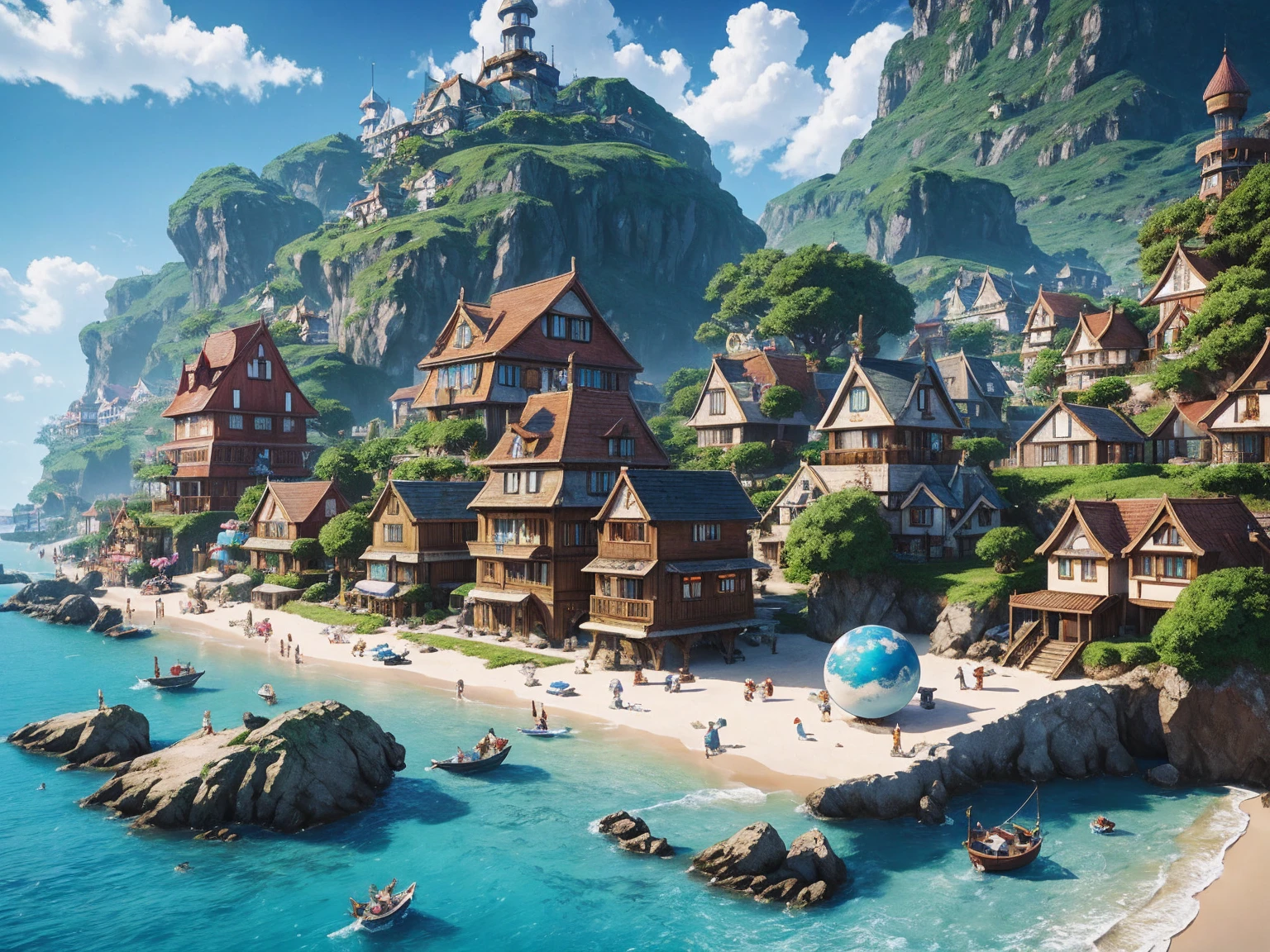 A Kawacy-style painting of a fantasy seaside village, Rendering in Cinema4D, Spherical, Accurate navigation details, Creative character design, Whimsical cartoon style, 32k ultra high definition--ar 2:1