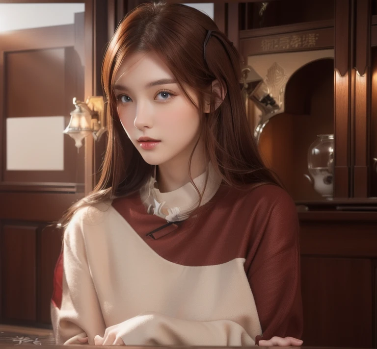 Reddish brown hair、Straight Hair、Half Caucasian and half Oriental、The eyes are large