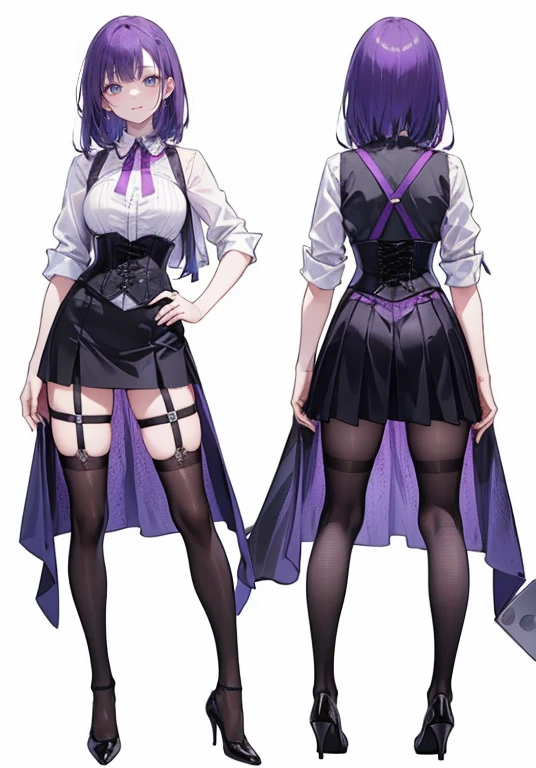 Purple Hair,short hair,Adult female,(suit),White Y-shirt,((Rolling up his sleeves)),(corset),(Black tight skirt),(High heels),Heels are visible,((Simple white background)),smile,((whole body)),((full body)),